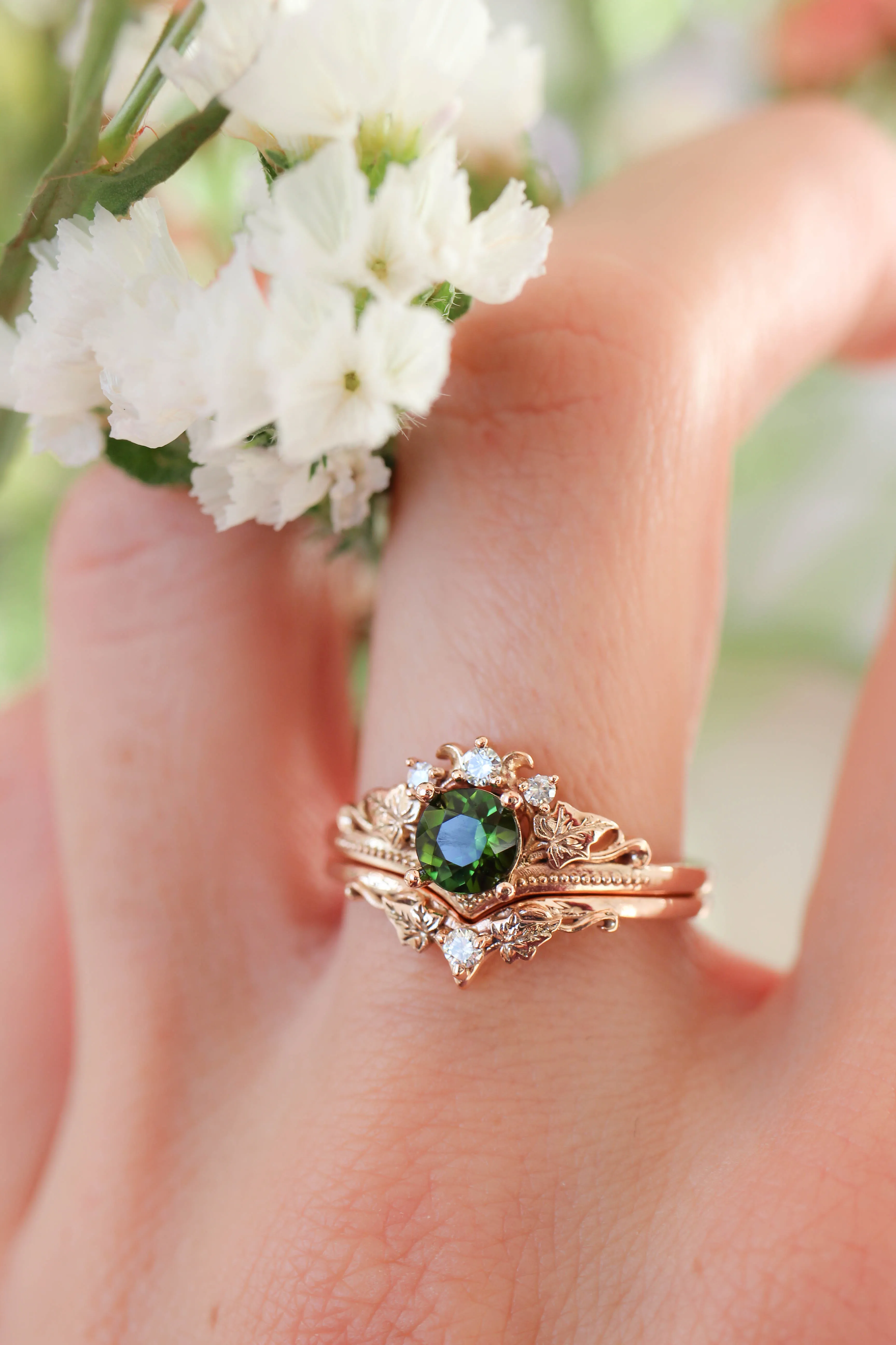 Green tourmaline and diamonds engagement ring / Ariadne