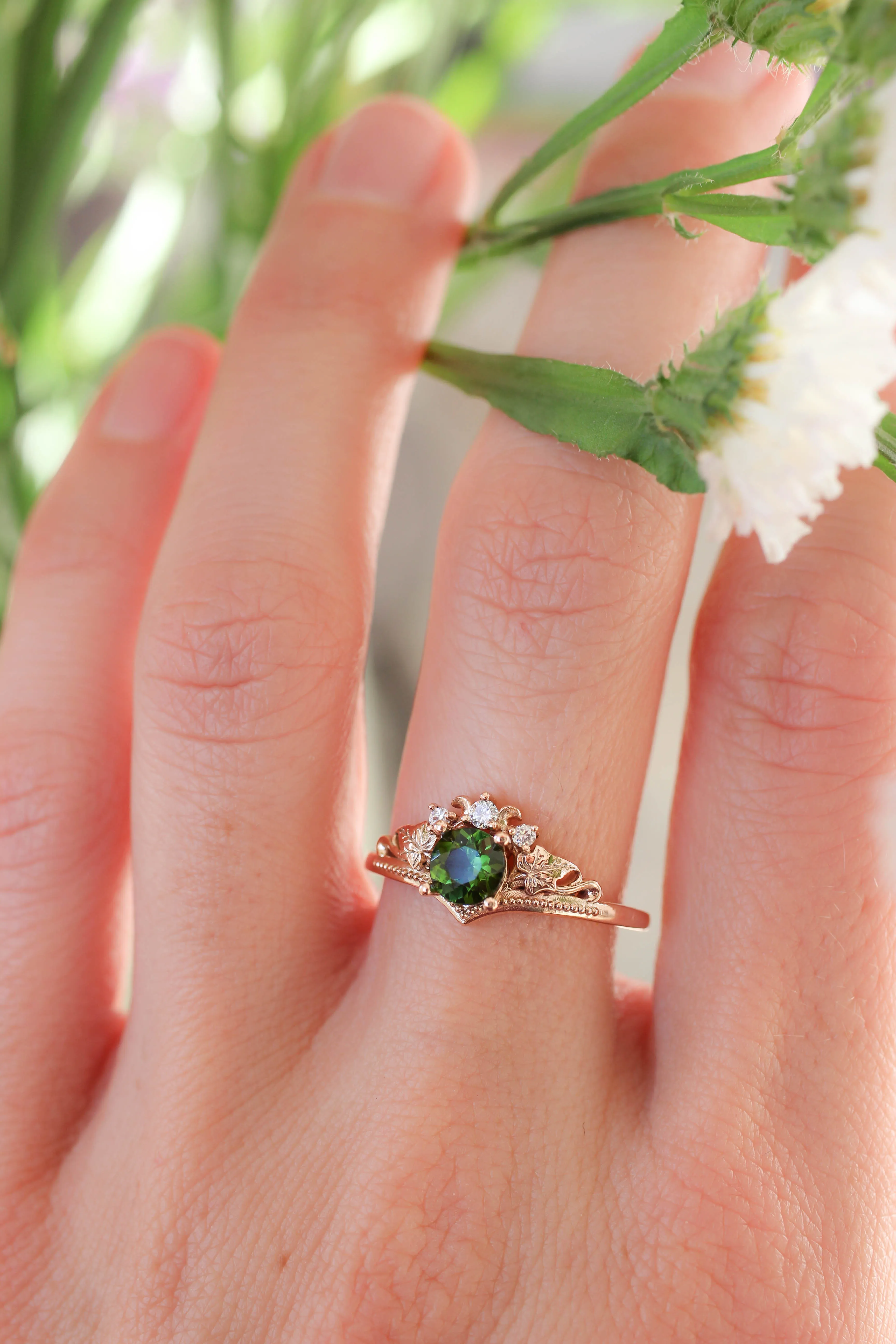 Green tourmaline and diamonds engagement ring / Ariadne