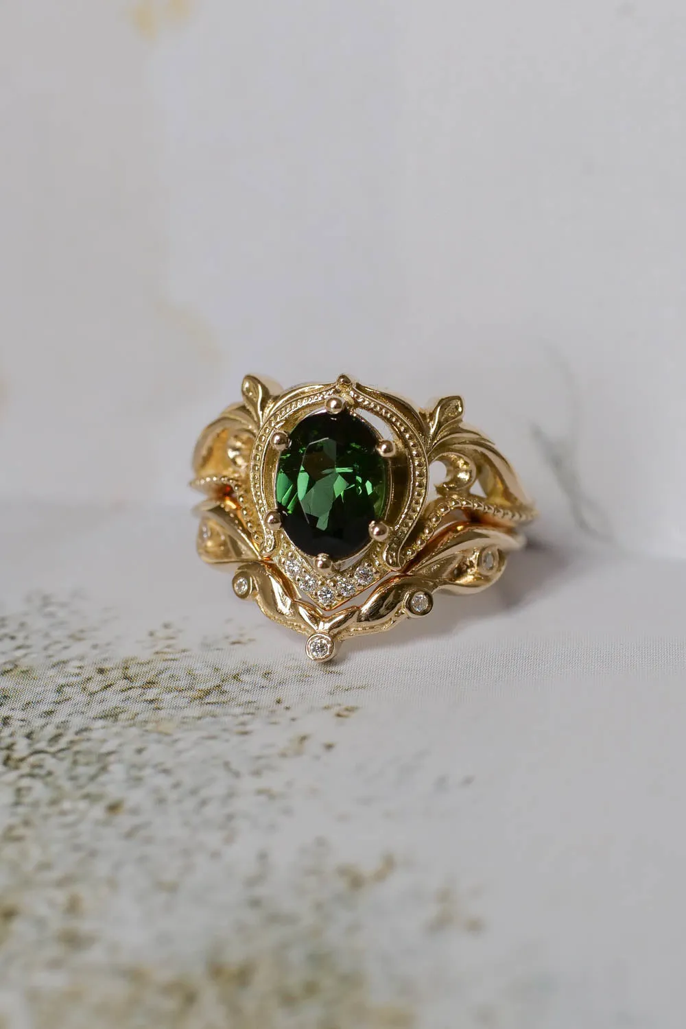 Green tourmaline engagement ring set / Lida oval