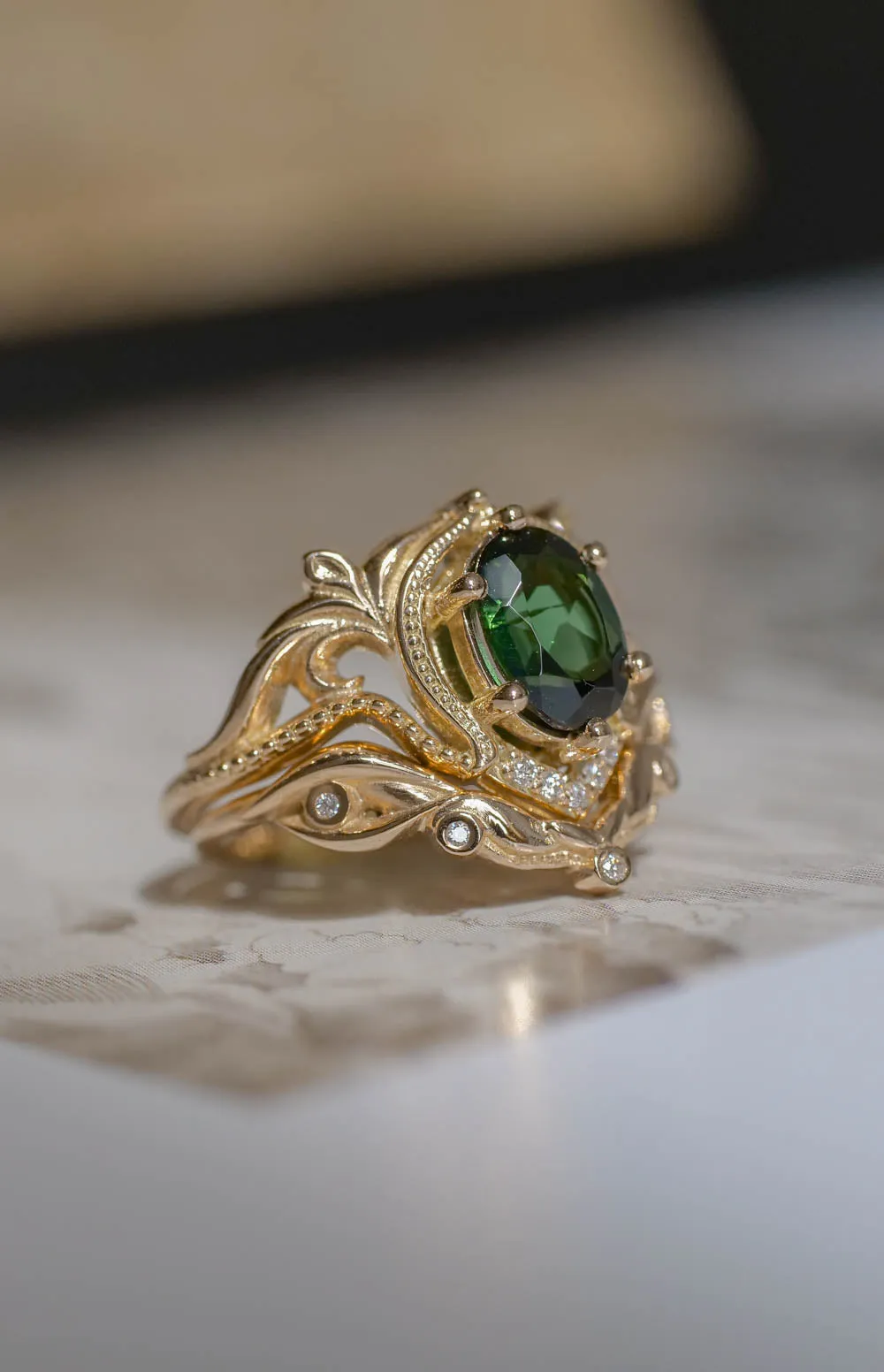 Green tourmaline engagement ring set / Lida oval