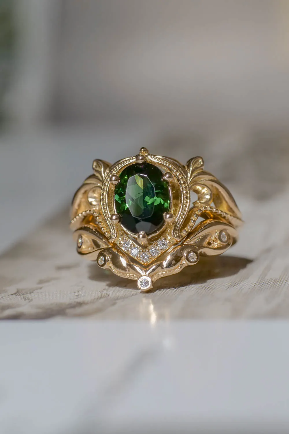 Green tourmaline engagement ring set / Lida oval