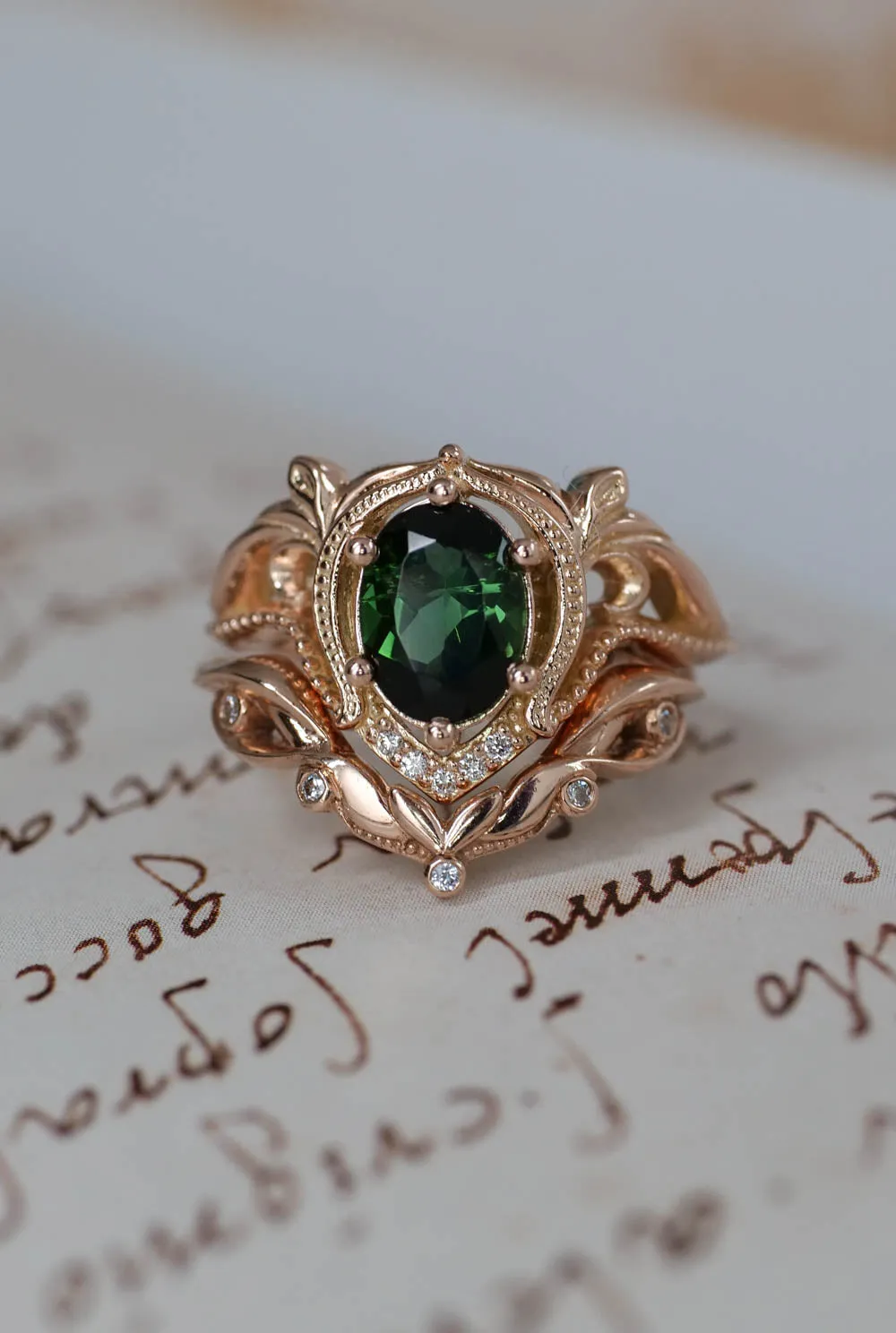 Green tourmaline engagement ring set / Lida oval