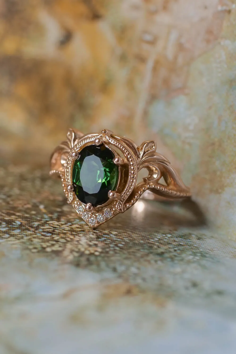 Green tourmaline engagement ring set / Lida oval