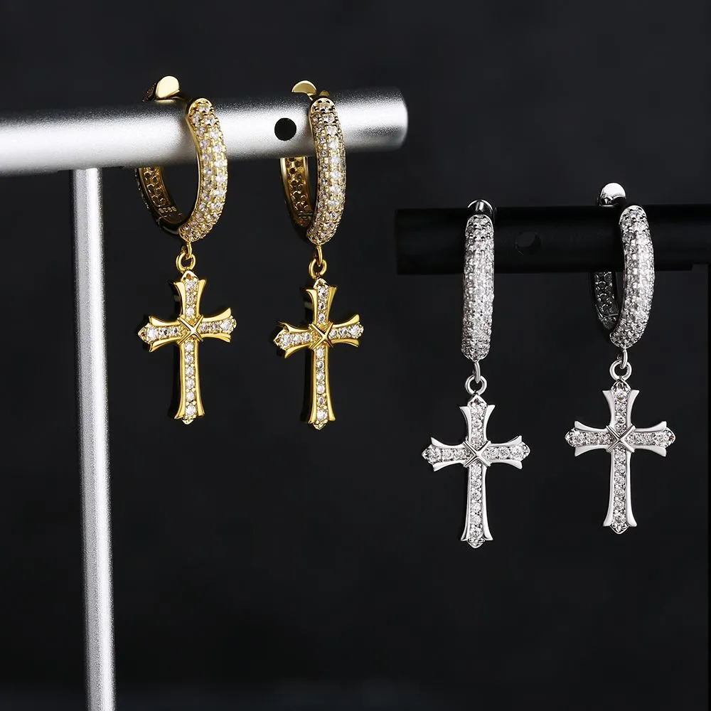 Iced Out Hoop Earrings for Men with Diamond Dangle Cross KRKC