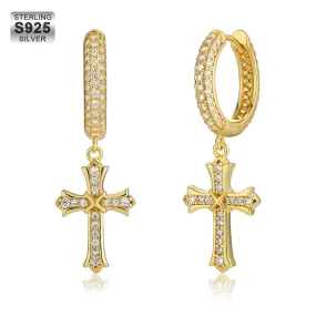 Iced Out Hoop Earrings for Men with Diamond Dangle Cross KRKC