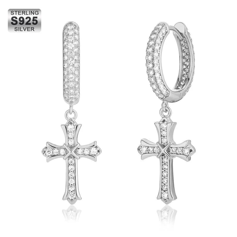 Iced Out Hoop Earrings for Men with Diamond Dangle Cross KRKC