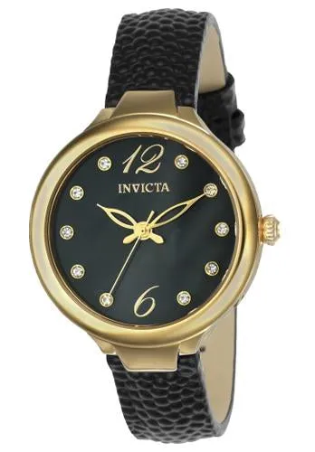 INVICTA Wildflower Womens Watch - Gold-Tone - Black Leather Strap - Crystals