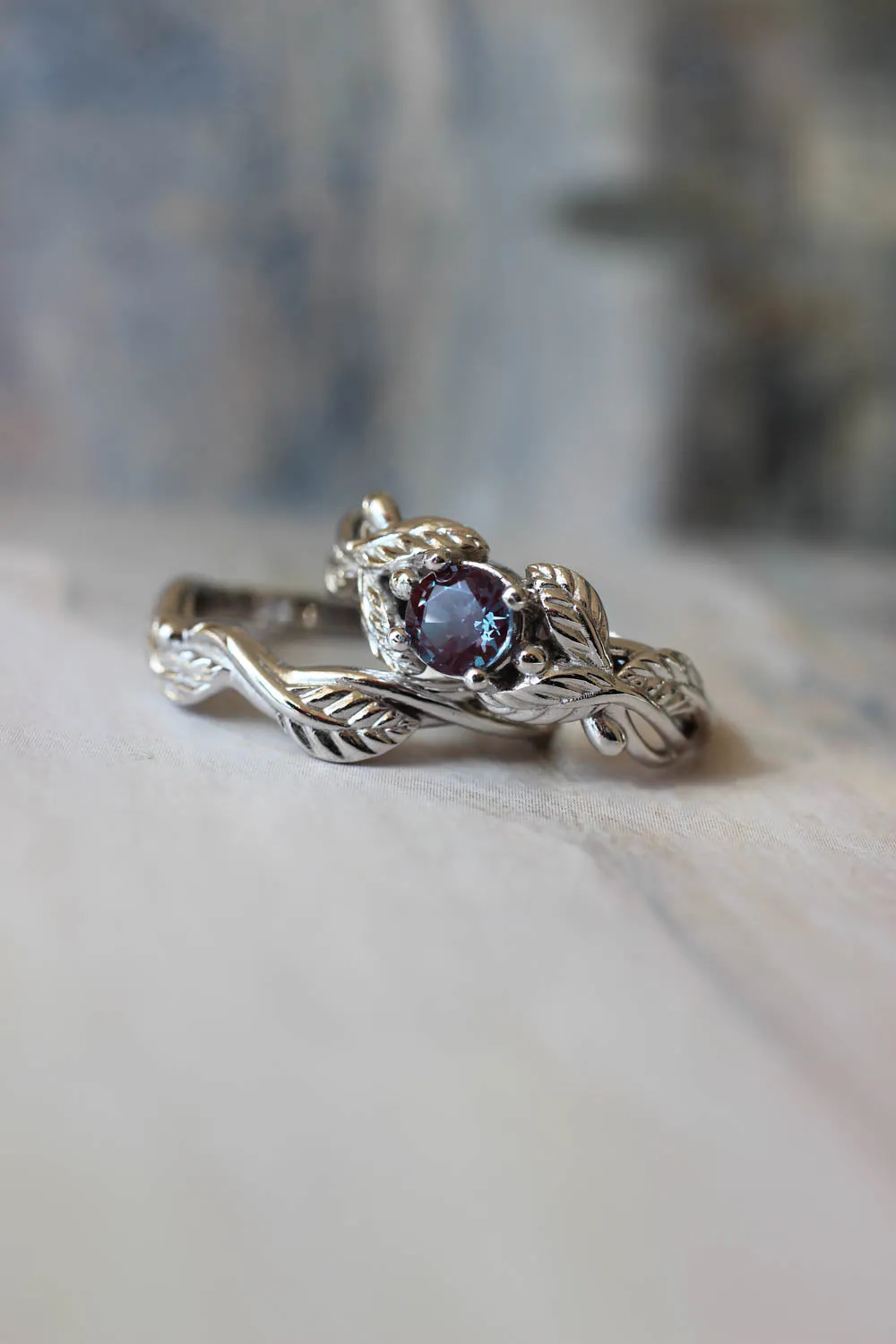 Lab alexandrite engagement ring, white gold nature themed promise ring / Cornus