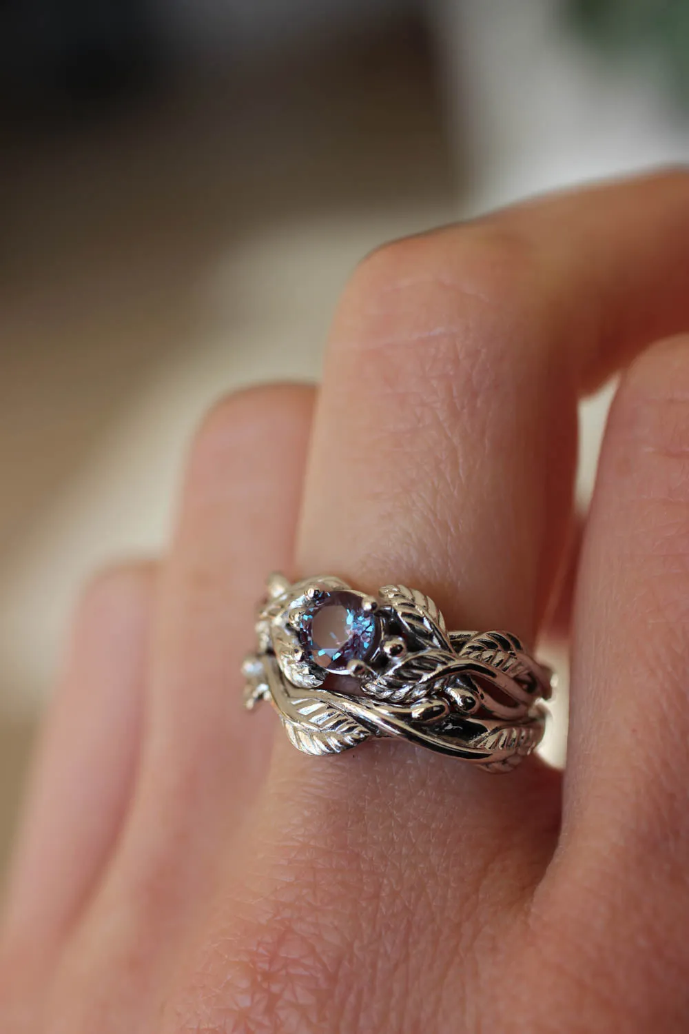 Lab alexandrite engagement ring, white gold nature themed promise ring / Cornus