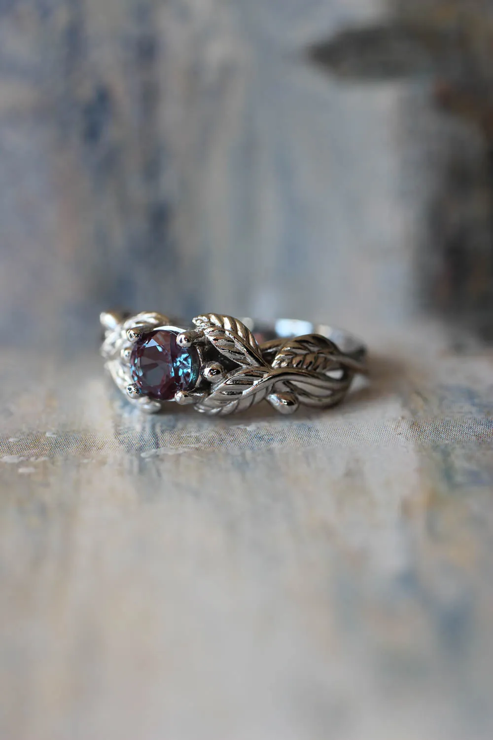 Lab alexandrite engagement ring, white gold nature themed promise ring / Cornus