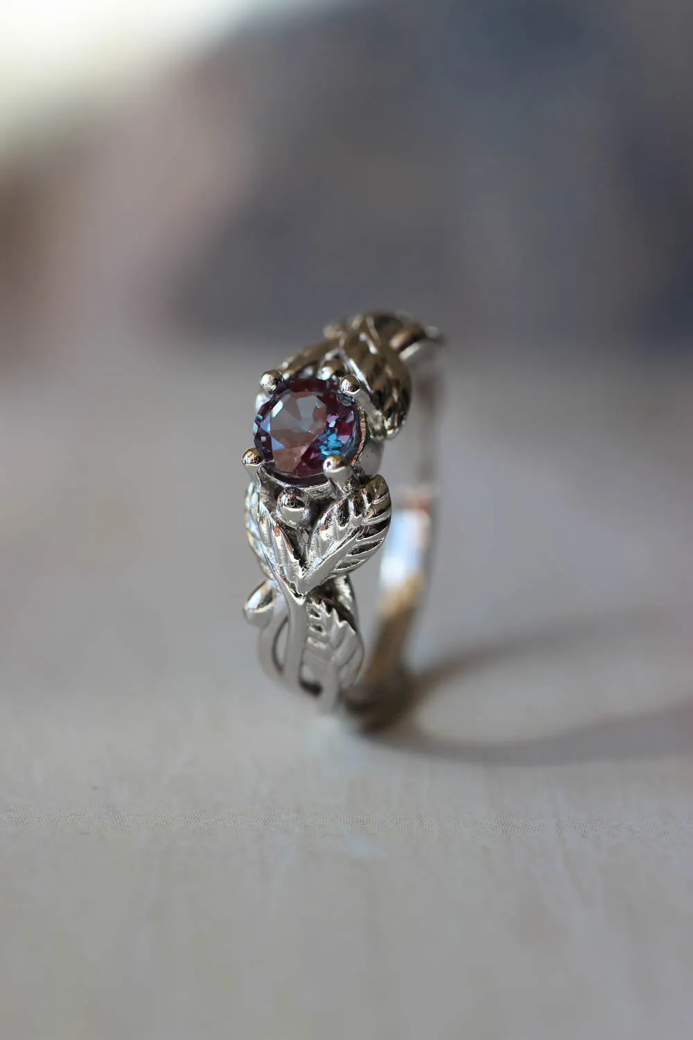 Lab alexandrite engagement ring, white gold nature themed promise ring / Cornus