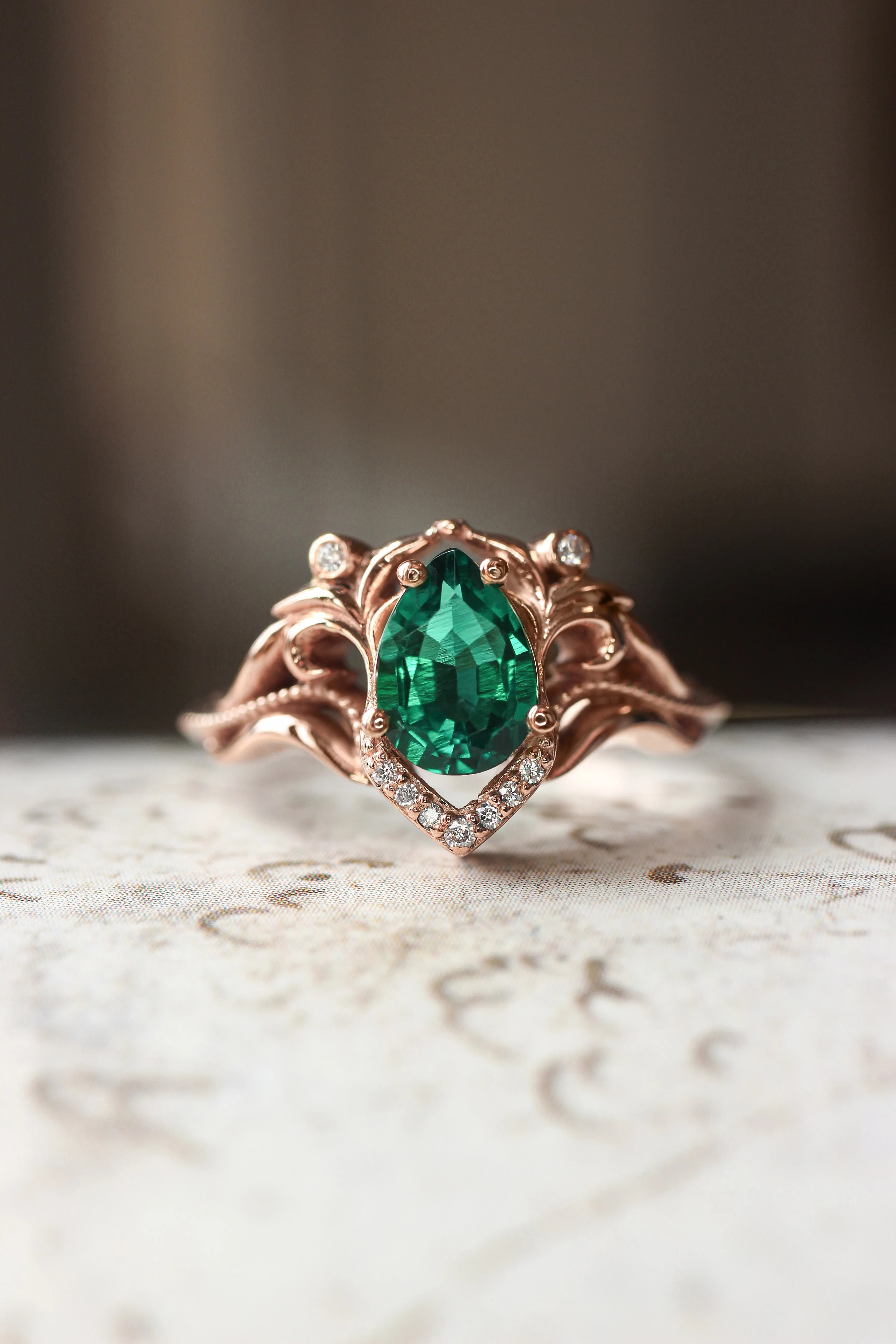 Lab emerald and moissanites or diamonds engagement ring / Lida small