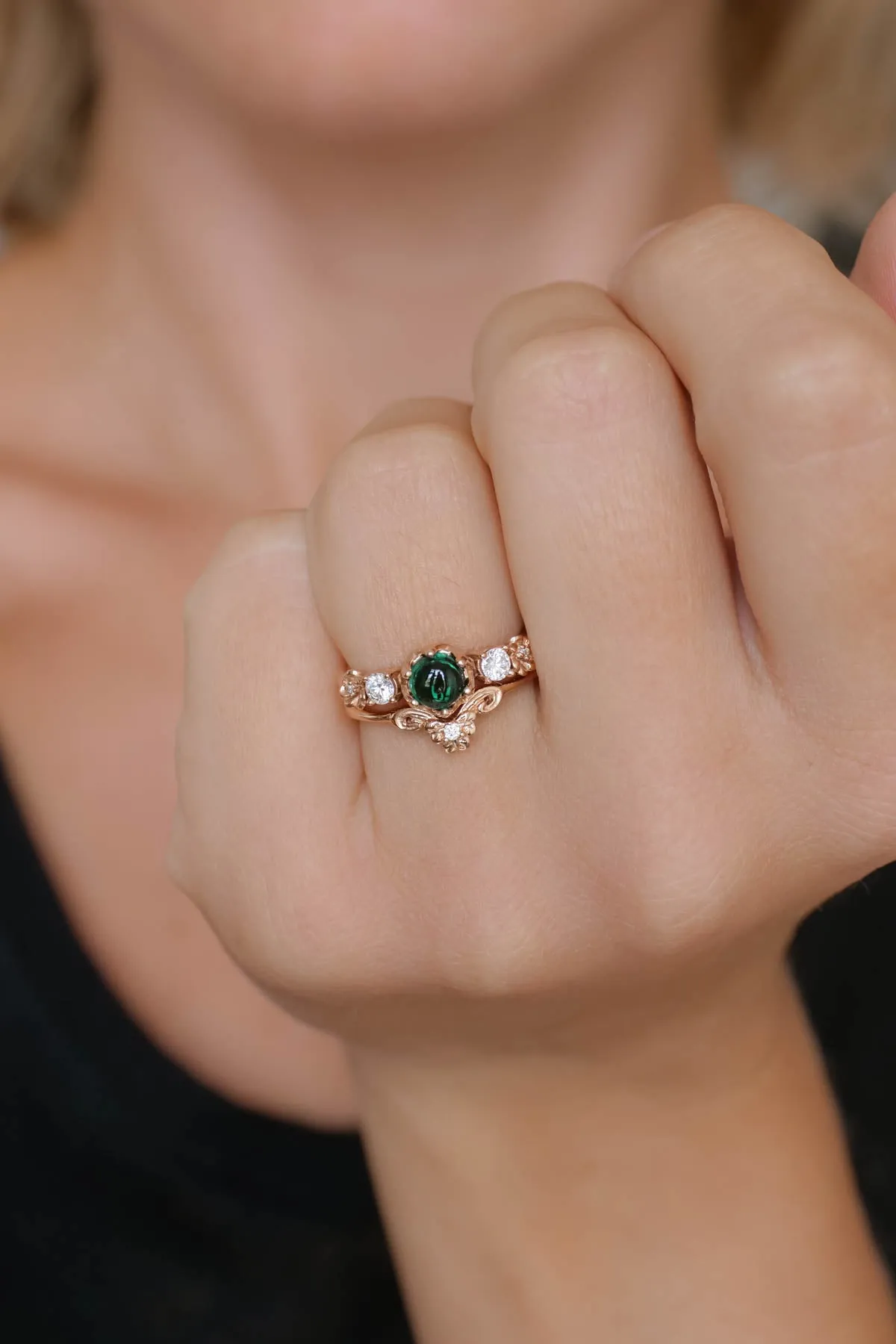 Lab emerald engagement ring set, two pieces ring set / Fiorella