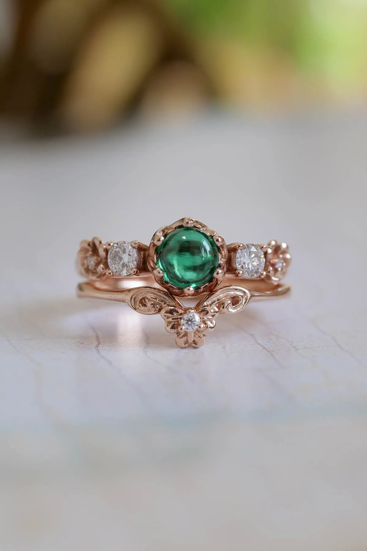 Lab emerald engagement ring set, two pieces ring set / Fiorella