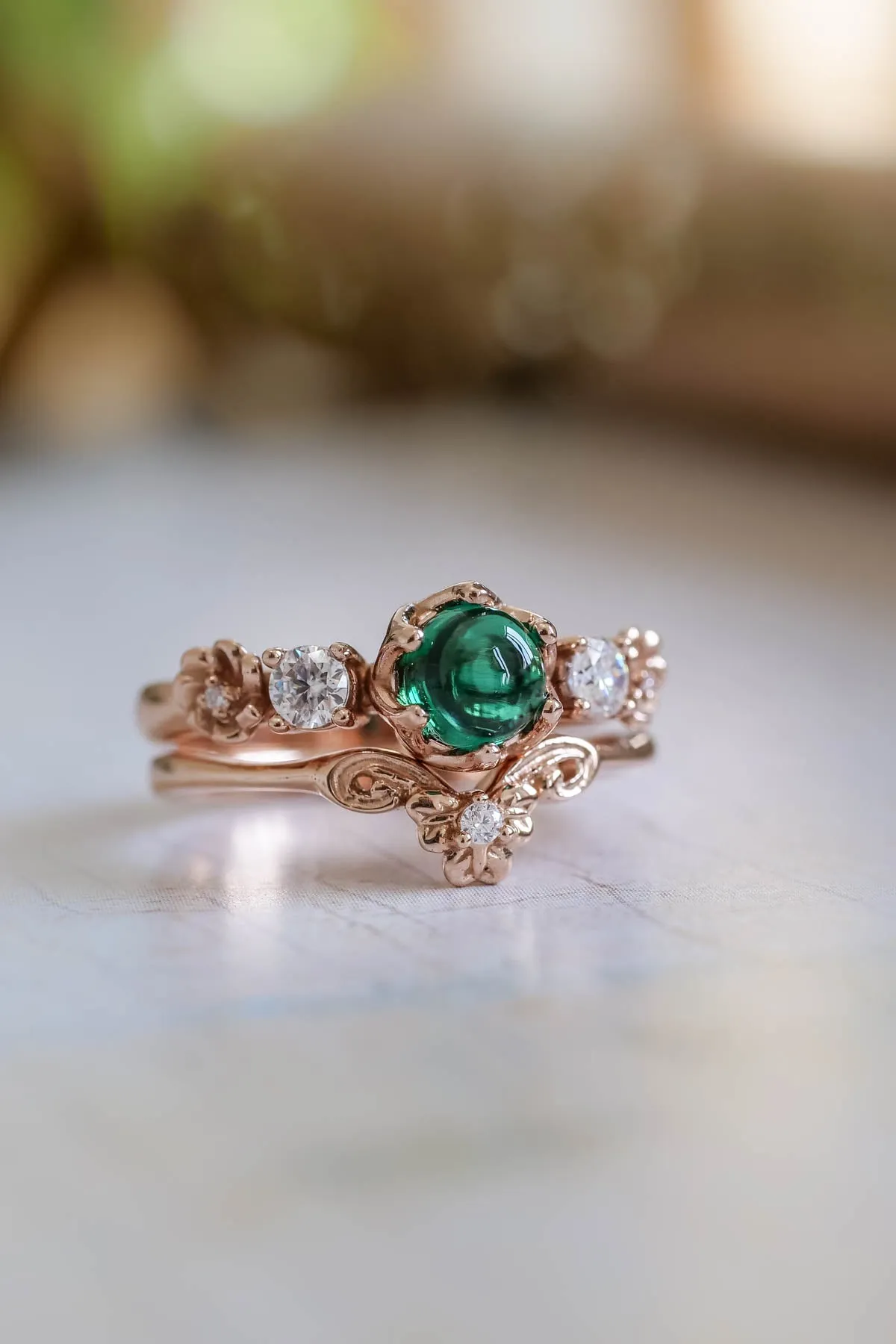 Lab emerald engagement ring set, two pieces ring set / Fiorella