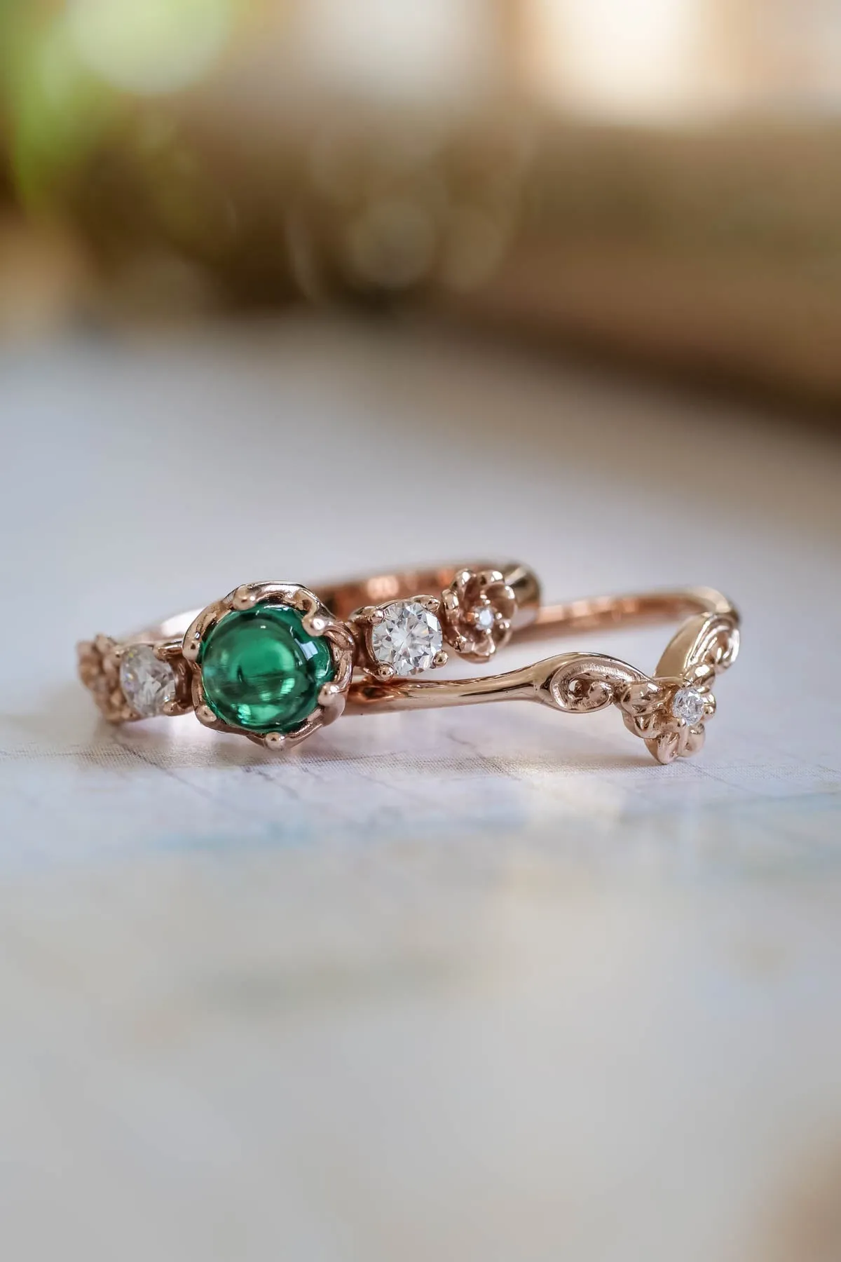 Lab emerald engagement ring set, two pieces ring set / Fiorella