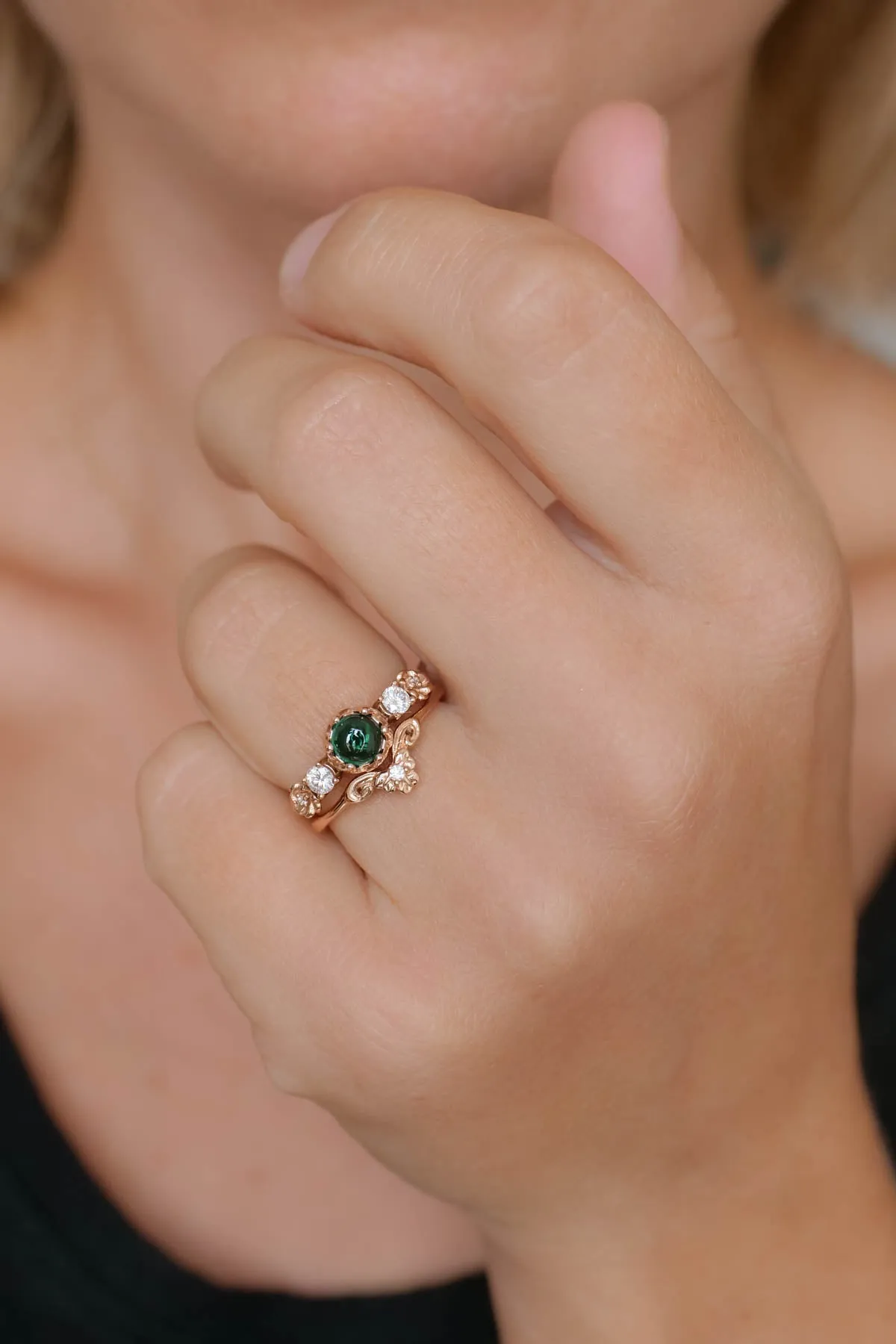 Lab emerald engagement ring set, two pieces ring set / Fiorella