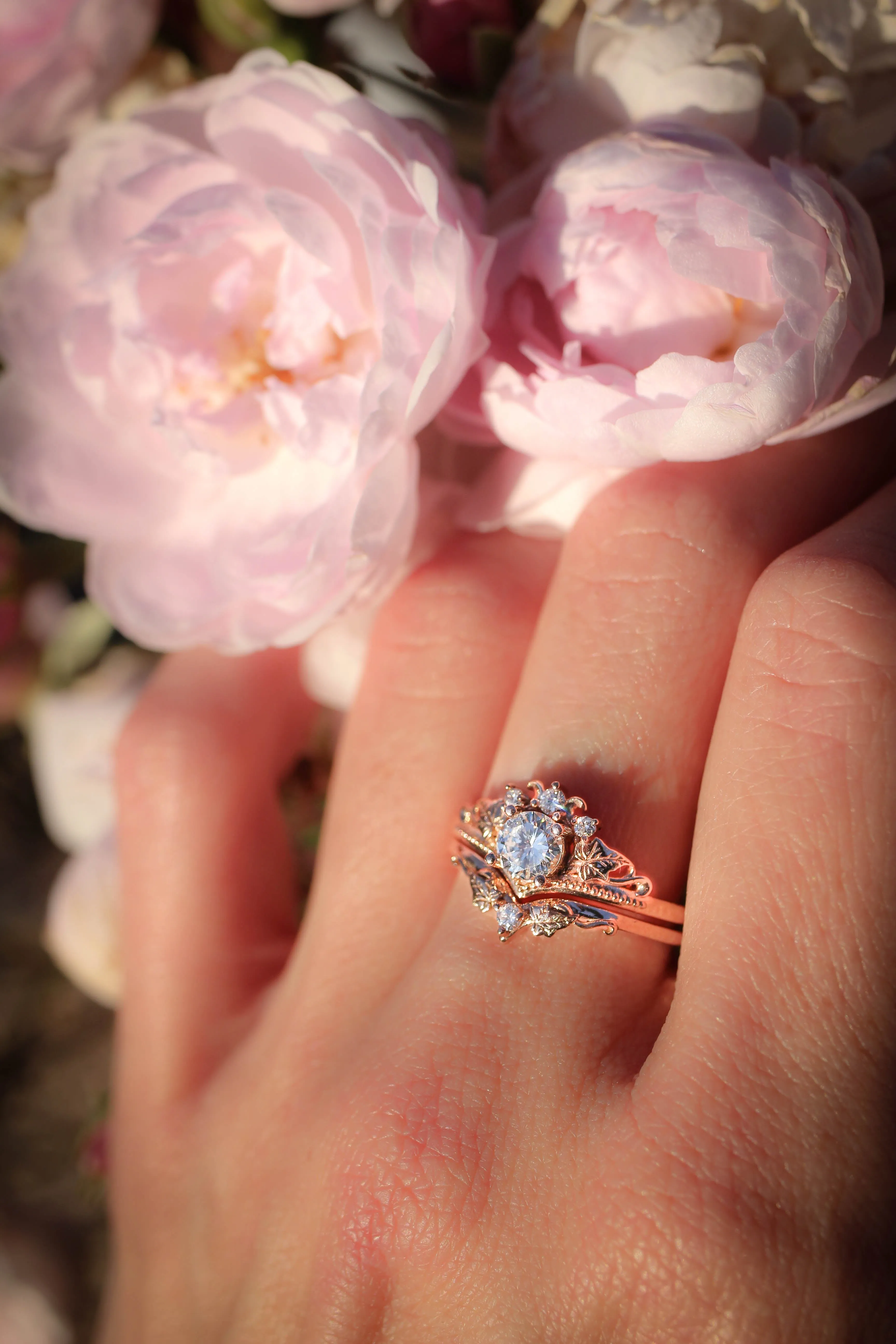 Lab grown diamond bridal ring set, gold ivy leaves engagement rings / Ariadne