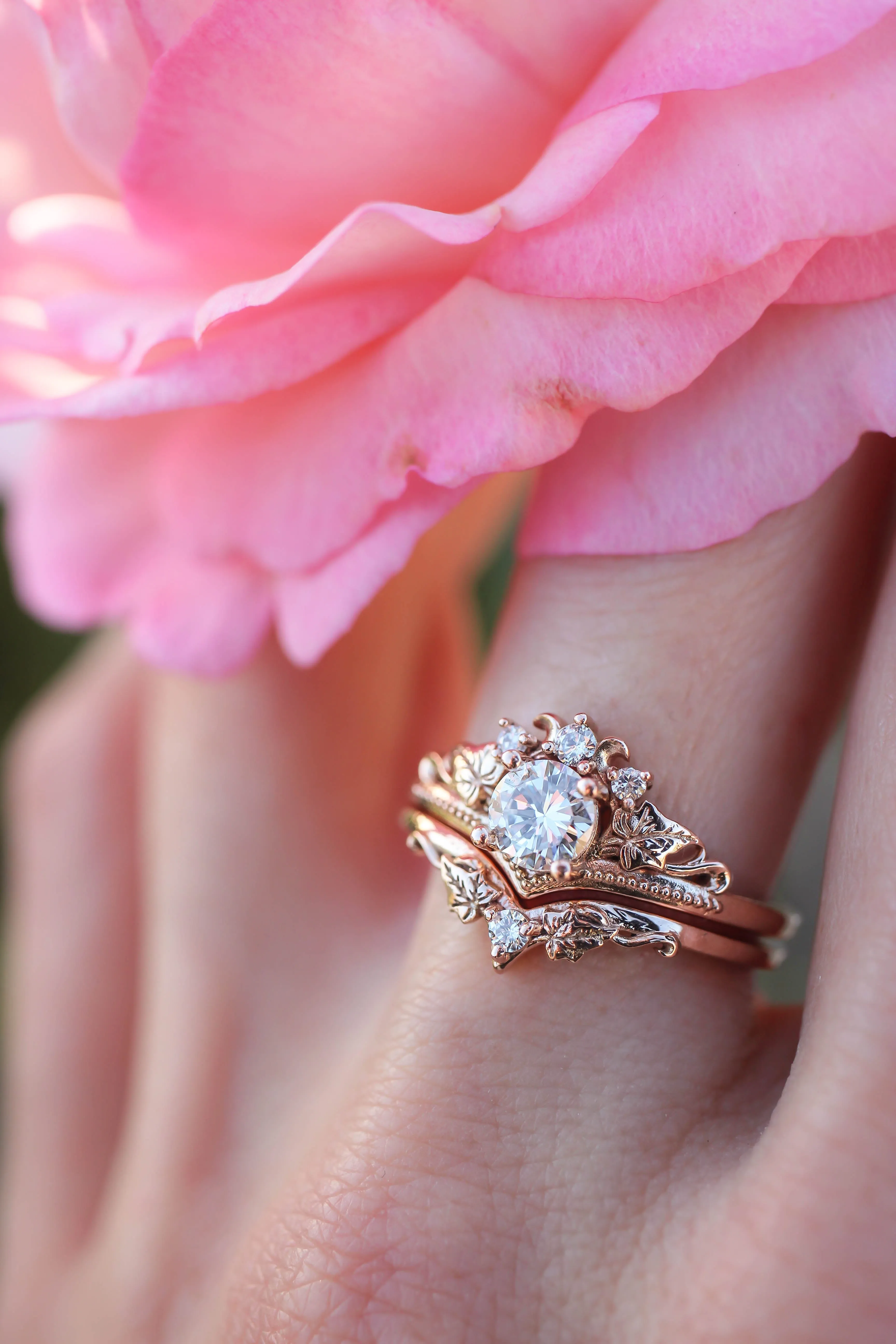 Lab grown diamond bridal ring set, gold ivy leaves engagement rings / Ariadne