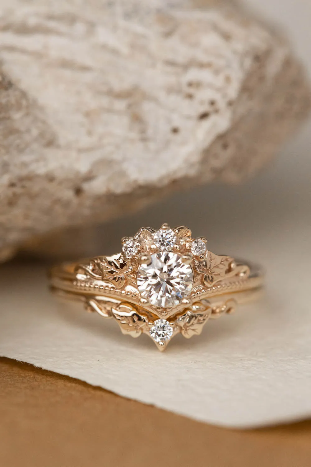 Lab grown diamond bridal ring set, gold ivy leaves engagement rings / Ariadne