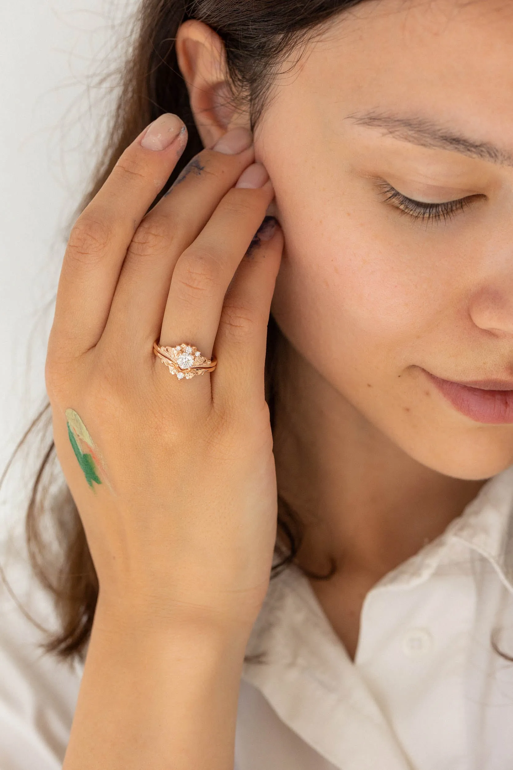 Lab grown diamond bridal ring set, gold ivy leaves engagement rings / Ariadne