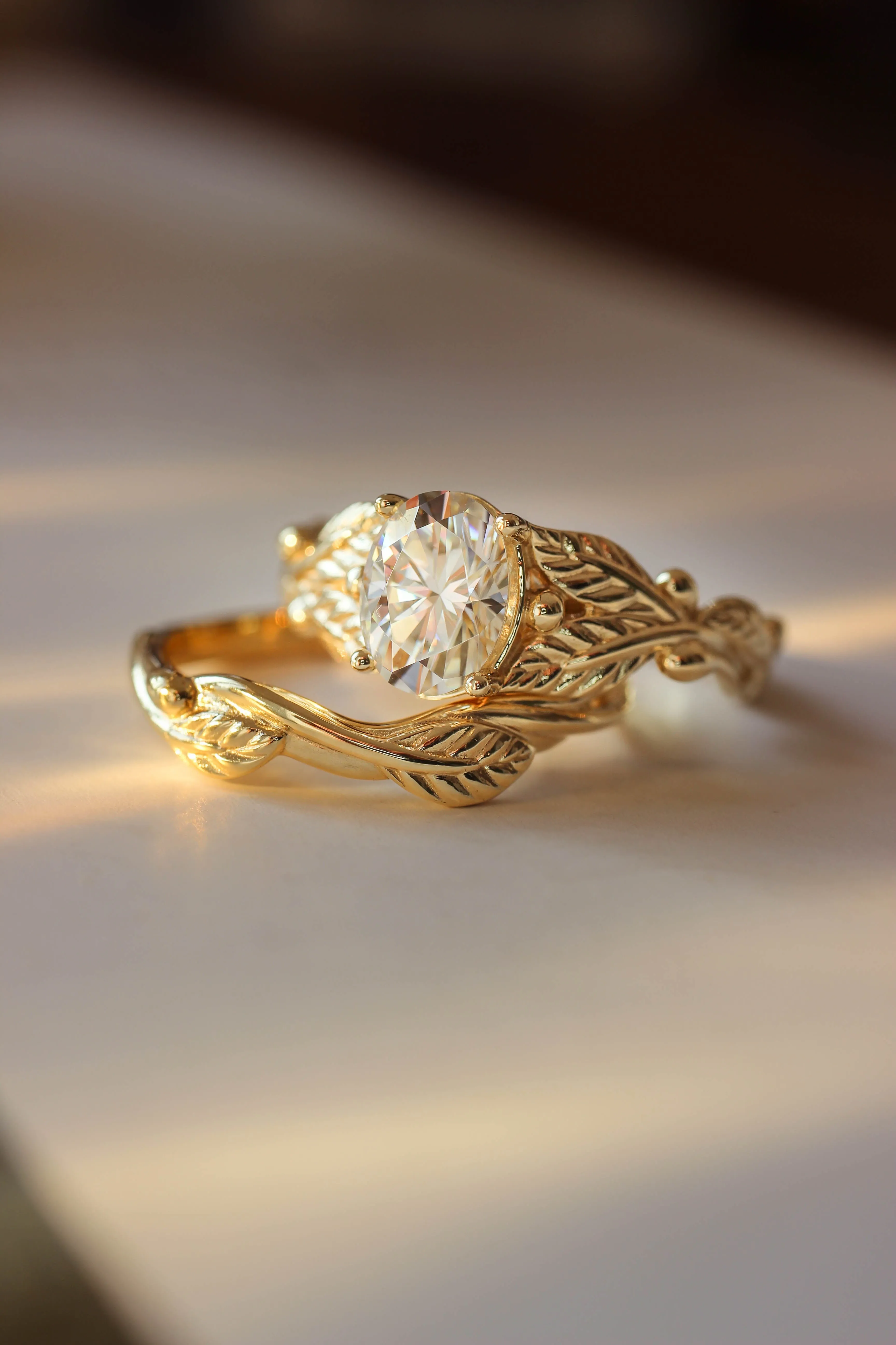 Lab grown diamond engagement ring, oval cut gemstone gold leaf promise ring / Cornus