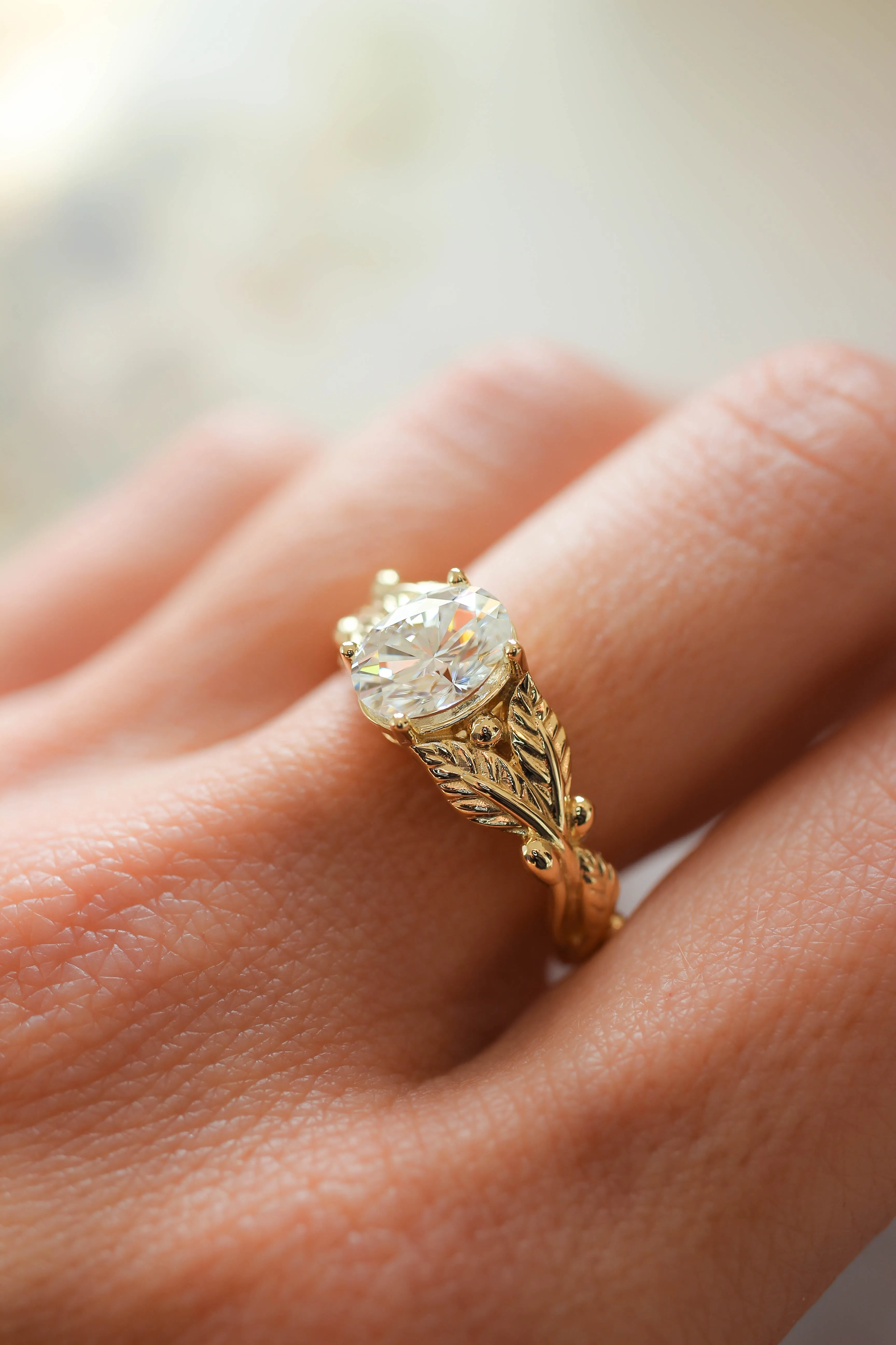 Lab grown diamond engagement ring, oval cut gemstone gold leaf promise ring / Cornus