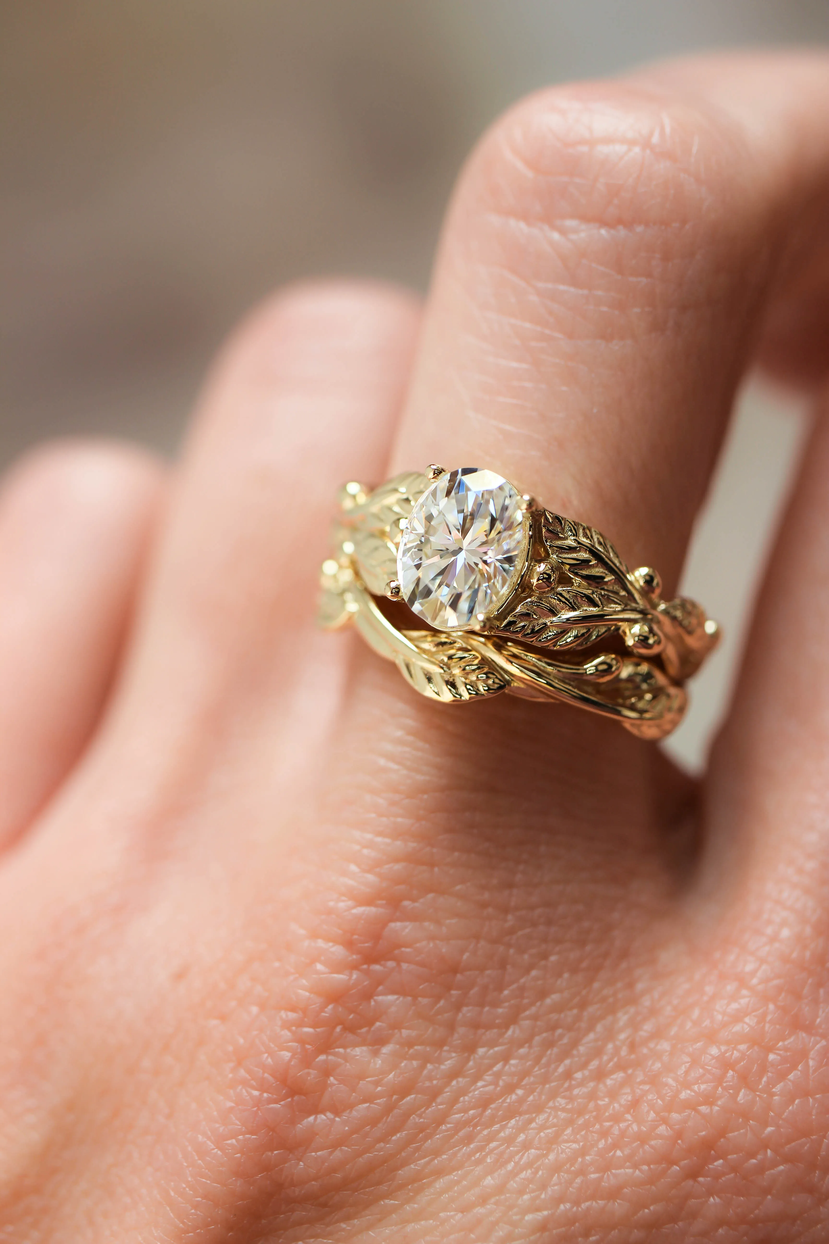 Lab grown diamond engagement ring, oval cut gemstone gold leaf promise ring / Cornus