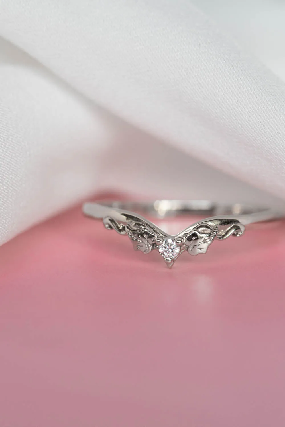 Lab grown diamond white gold engagement ring with tiny ivy leaves / Ariadne