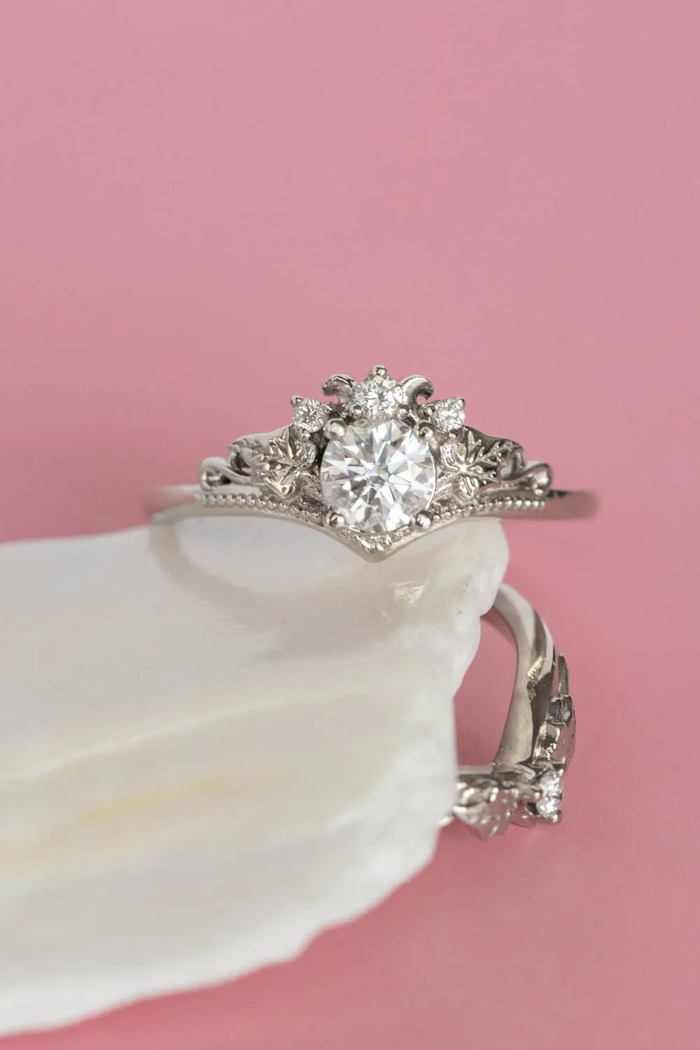 Lab grown diamond white gold engagement ring with tiny ivy leaves / Ariadne