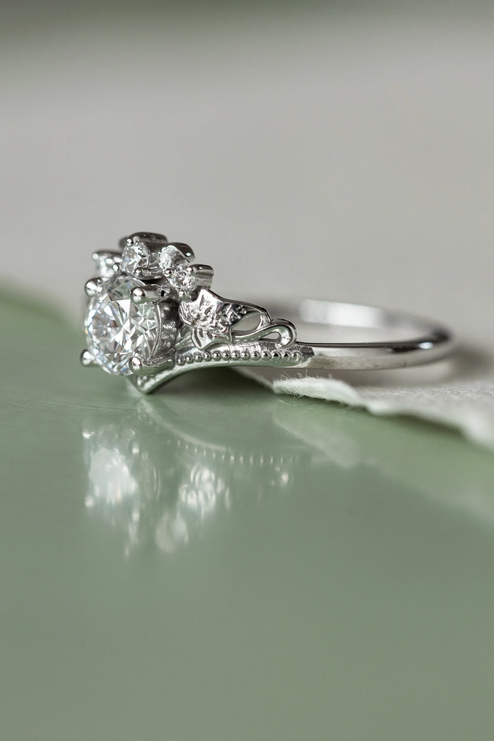 Lab grown diamond white gold engagement ring with tiny ivy leaves / Ariadne