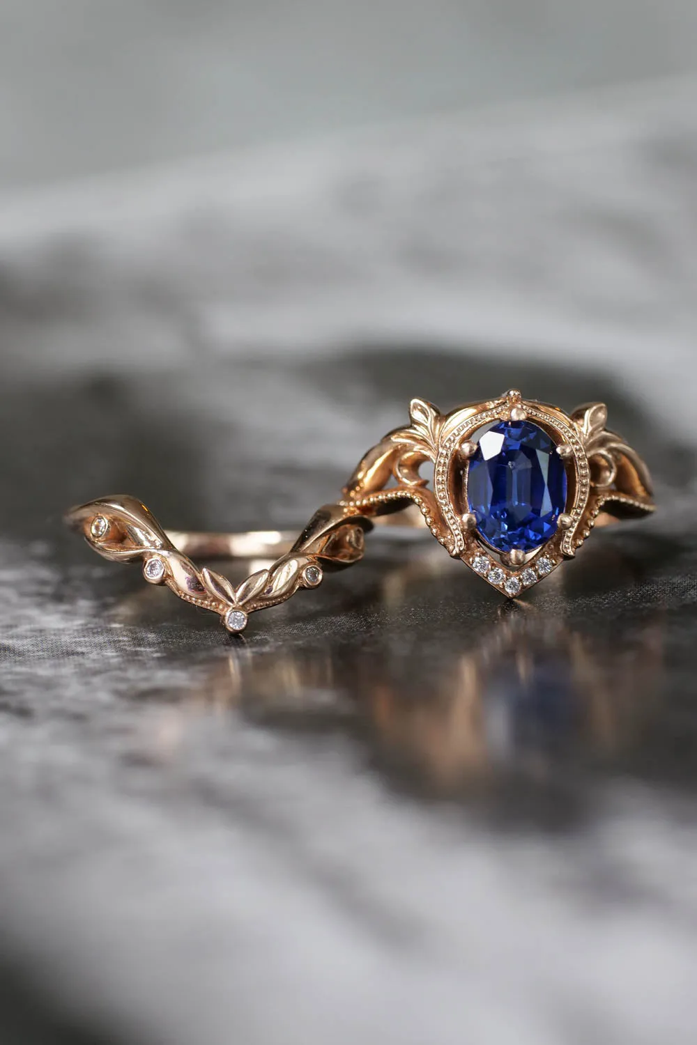 Lab sapphire engagement ring set / Lida oval