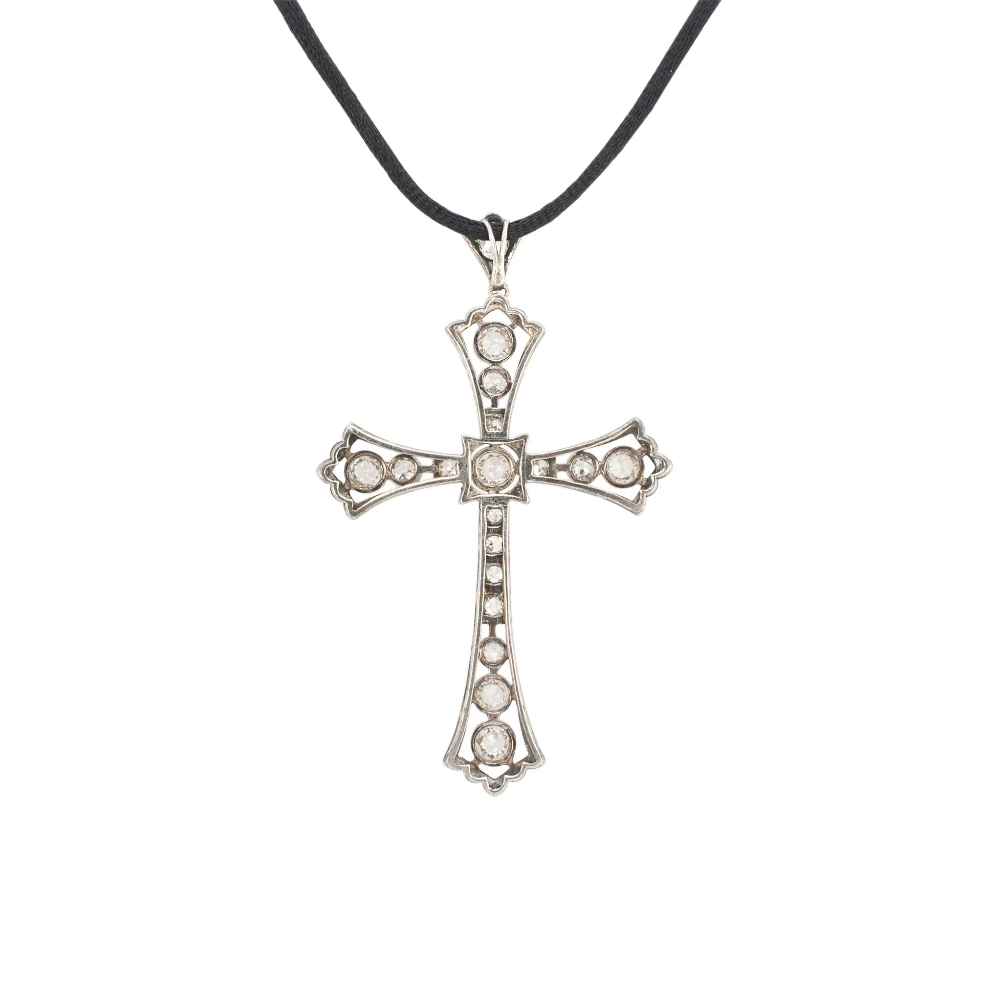 Ladies Victorian Antique Sterling Silver Old Cuts Diamond Cross Pendant Black Rope Necklace