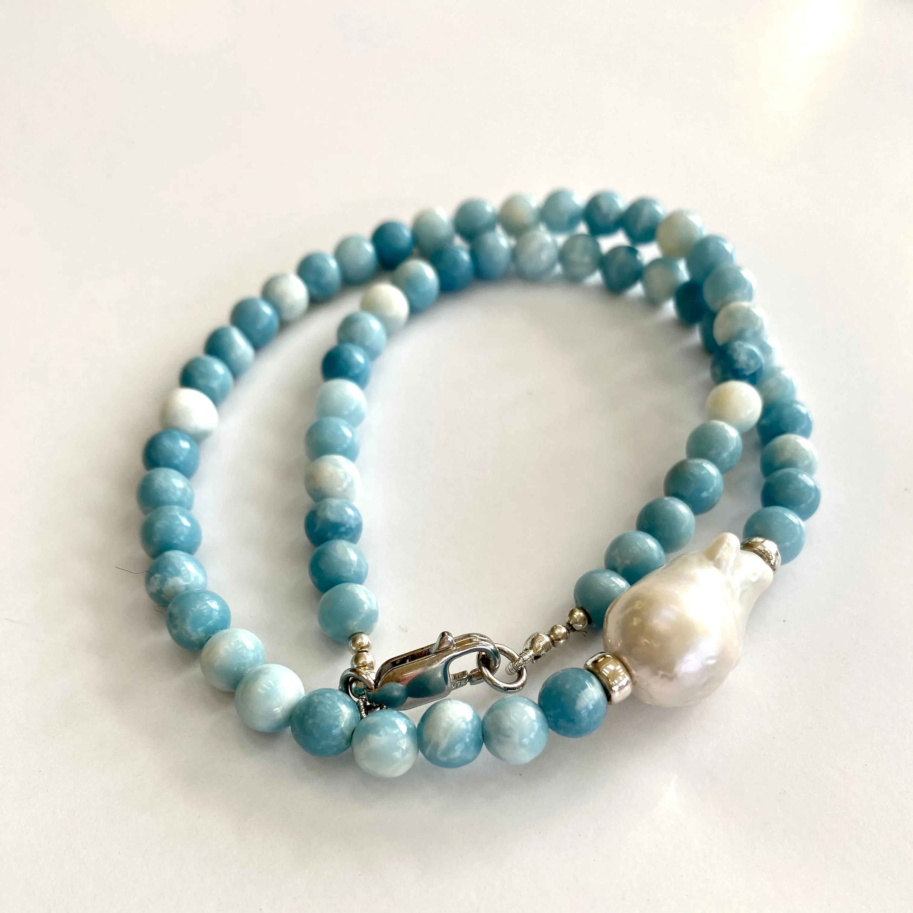 Larimar Quartz and Freshwater Baroque Pearl Beaded Necklace, Sterling Silver, 17.5inches