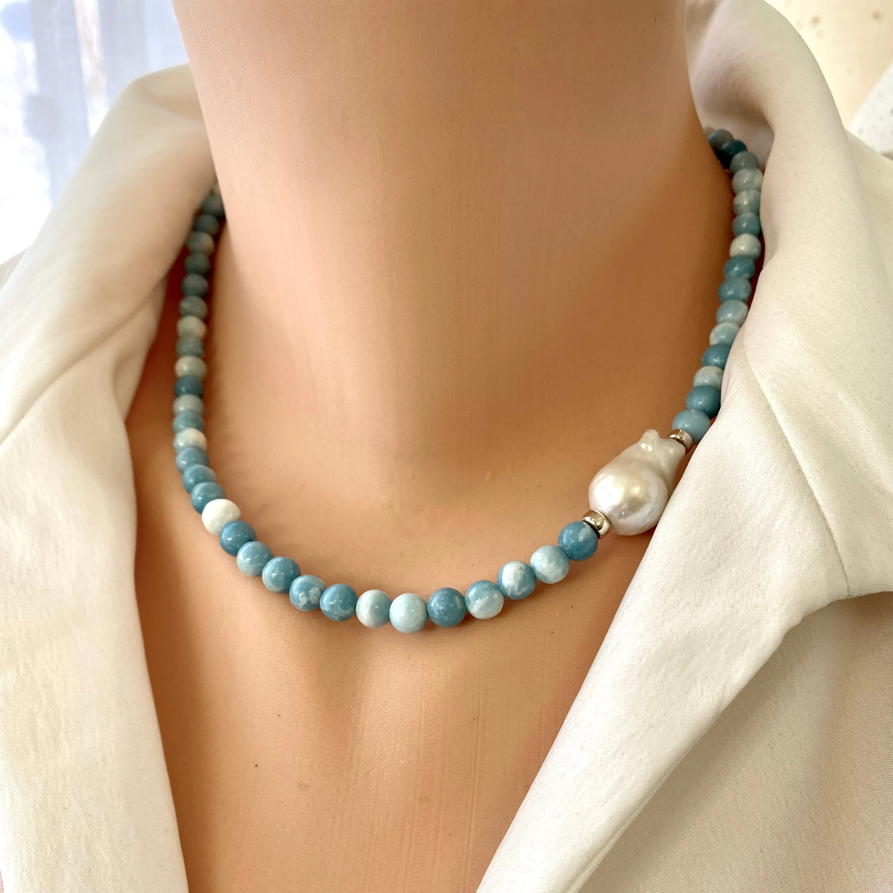 Larimar Quartz and Freshwater Baroque Pearl Beaded Necklace, Sterling Silver, 17.5inches