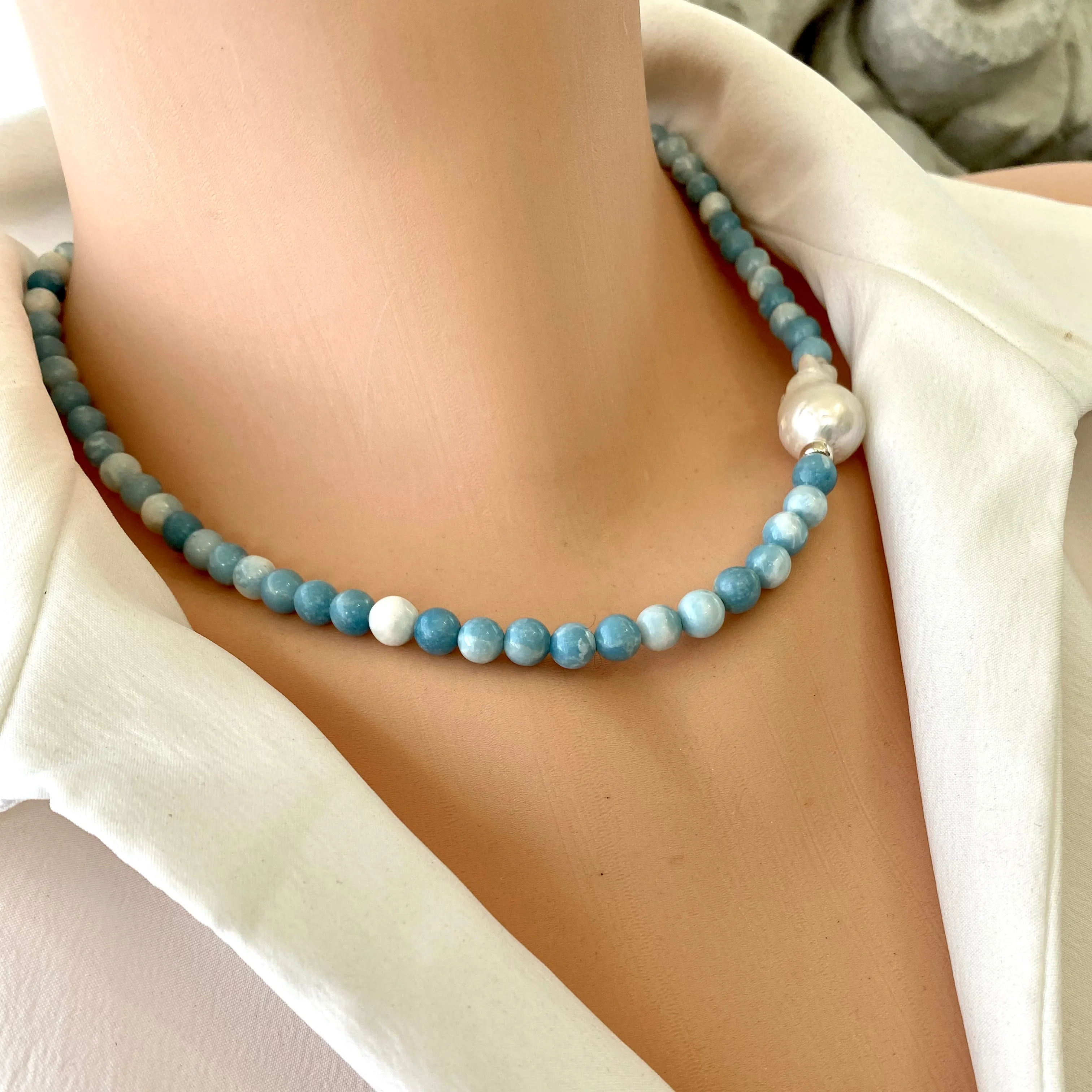 Larimar Quartz and Freshwater Baroque Pearl Beaded Necklace, Sterling Silver, 17.5inches