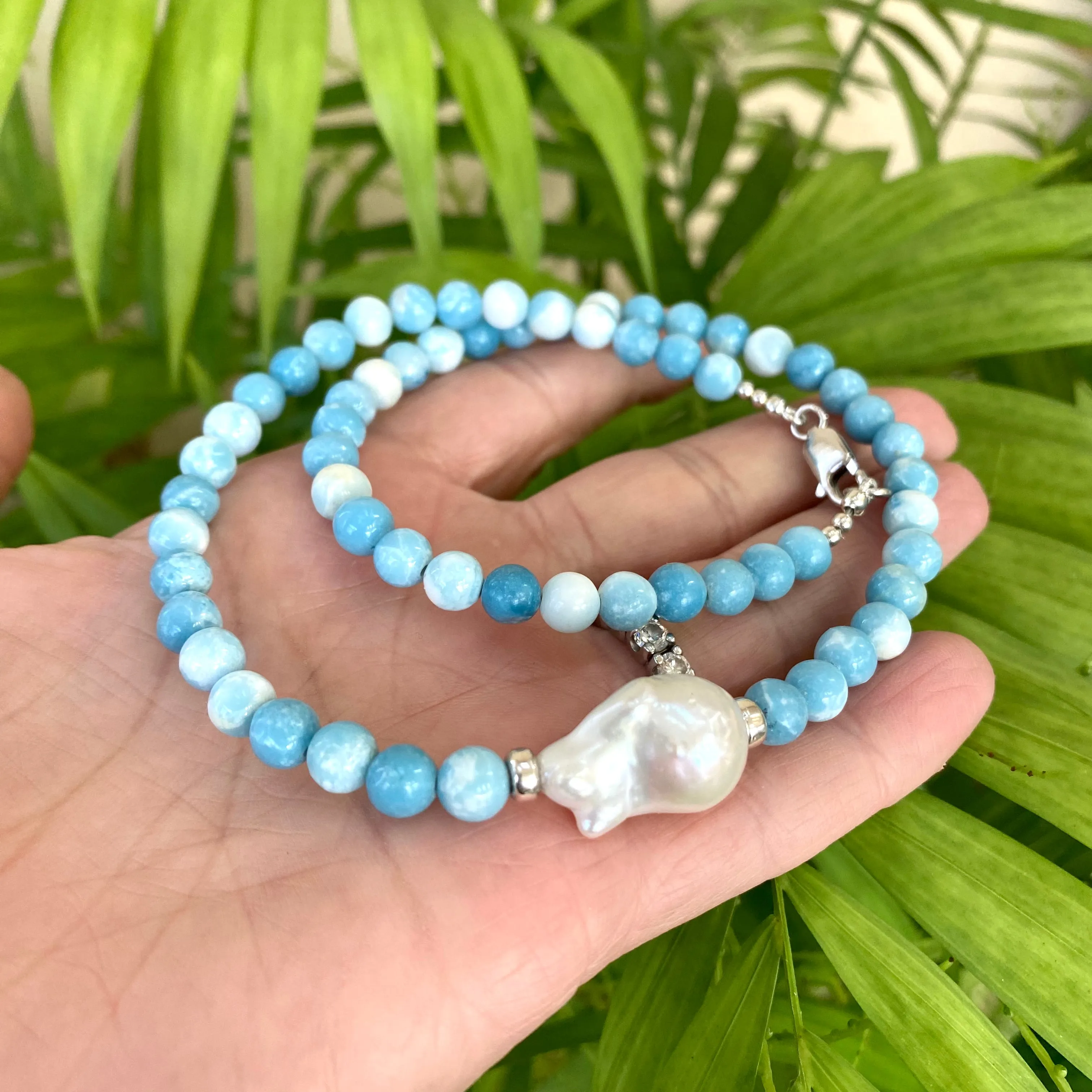 Larimar Quartz and Freshwater Baroque Pearl Beaded Necklace, Sterling Silver, 17.5inches