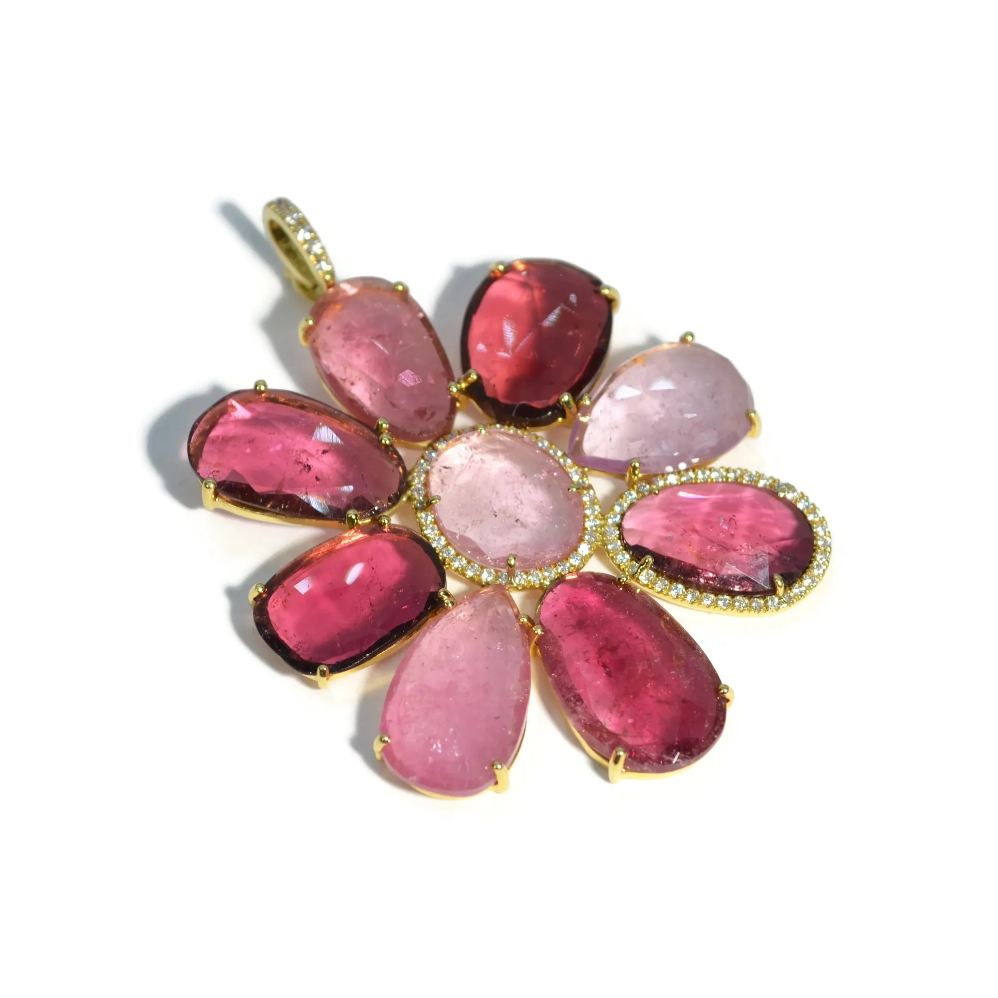 Lauren K - Flower Pendant with Pink Tourmaline and Diamonds, 18k Yellow Gold