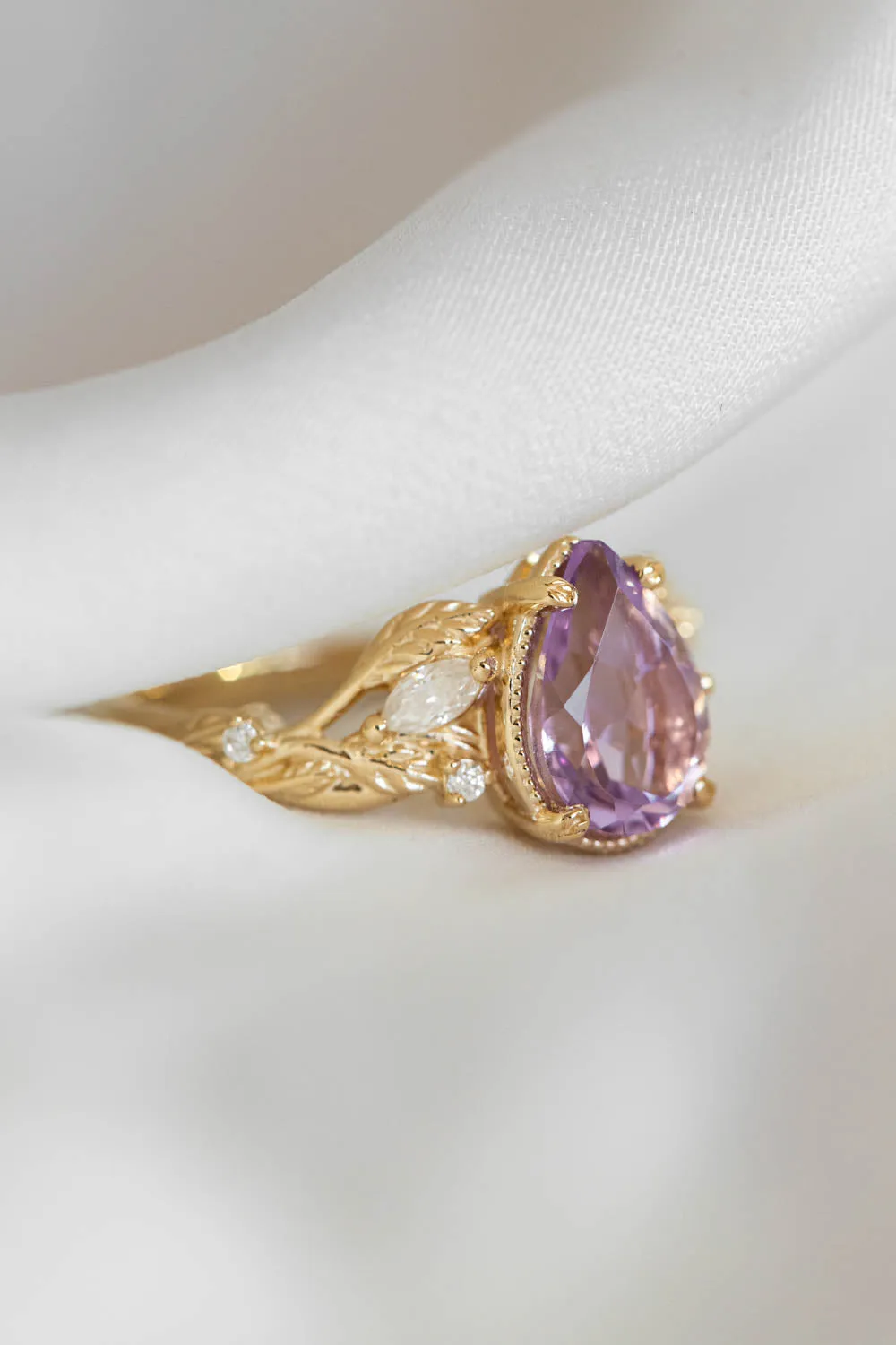 Lavender amethyst nature themed engagement ring, big pear cut gemstone gold ring with diamonds / Patricia