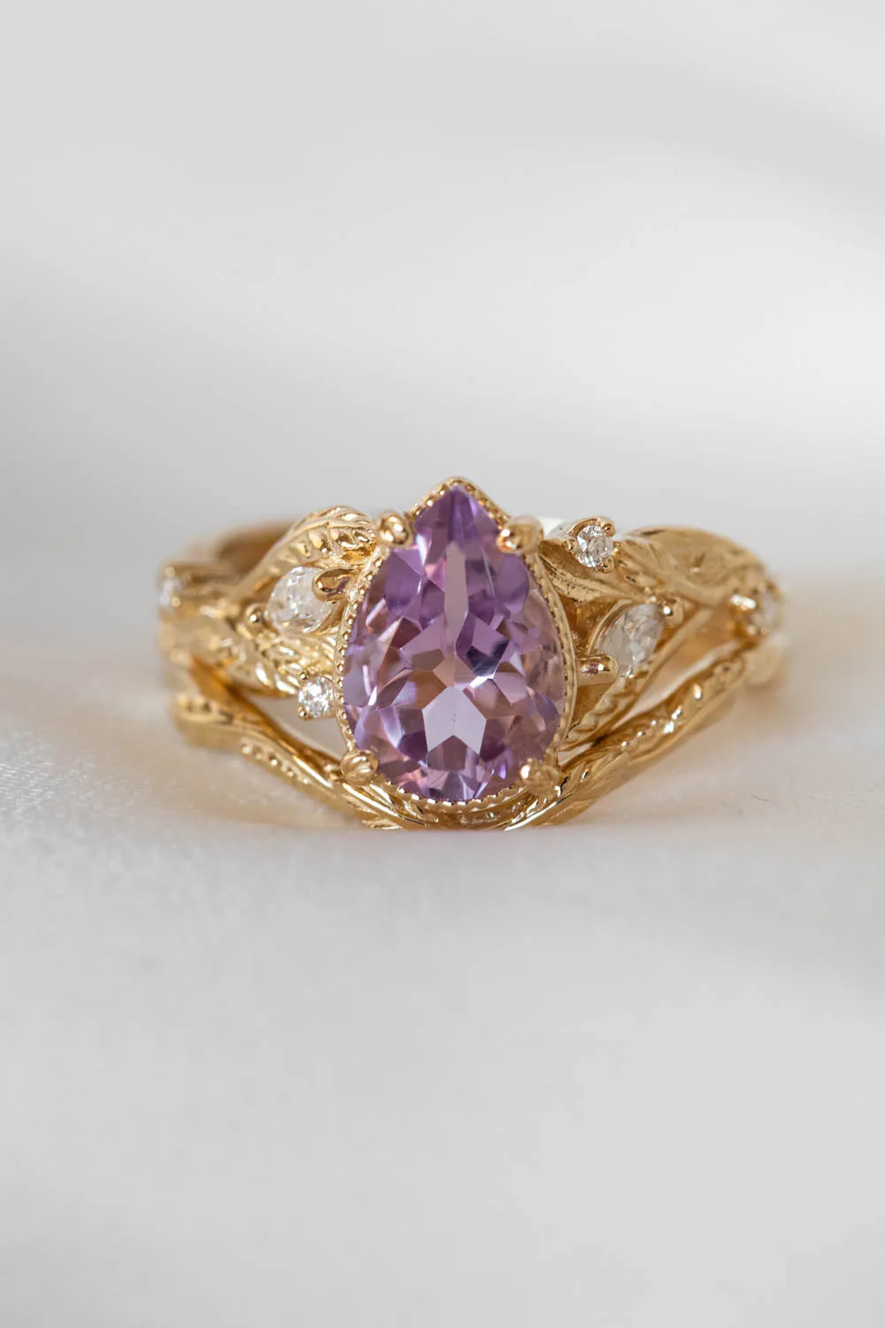 Lavender amethyst nature themed engagement ring, big pear cut gemstone gold ring with diamonds / Patricia