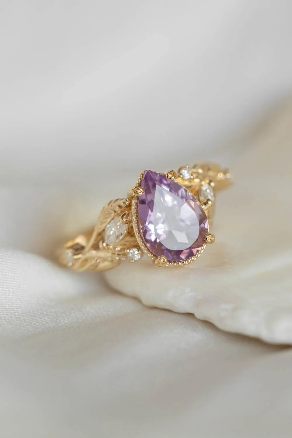 Lavender amethyst nature themed engagement ring, big pear cut gemstone gold ring with diamonds / Patricia