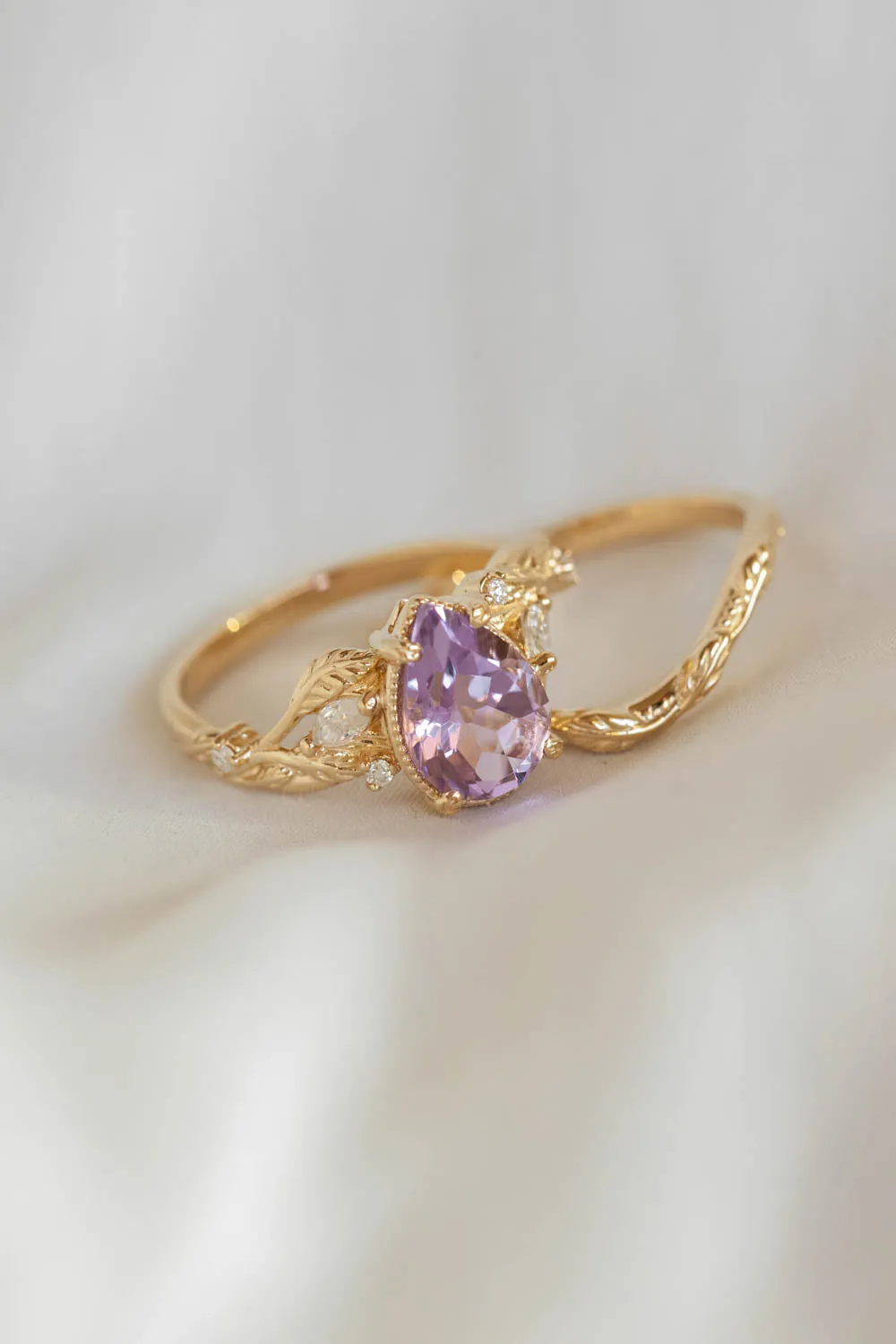 Lavender amethyst nature themed engagement ring, big pear cut gemstone gold ring with diamonds / Patricia