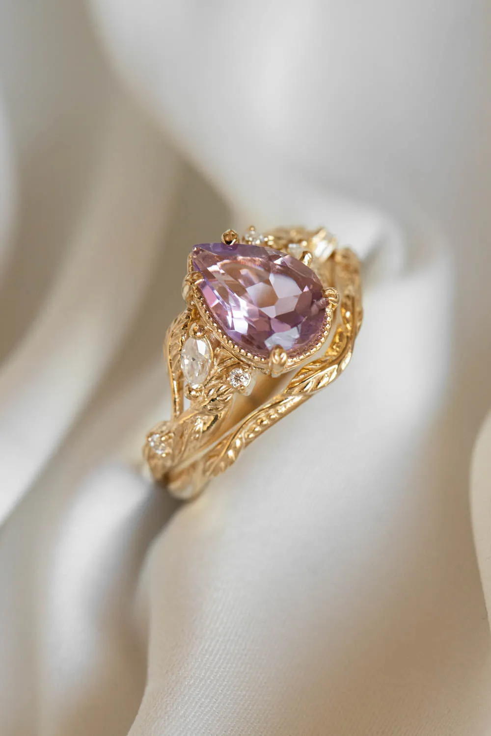 Lavender amethyst nature themed engagement ring, big pear cut gemstone gold ring with diamonds / Patricia