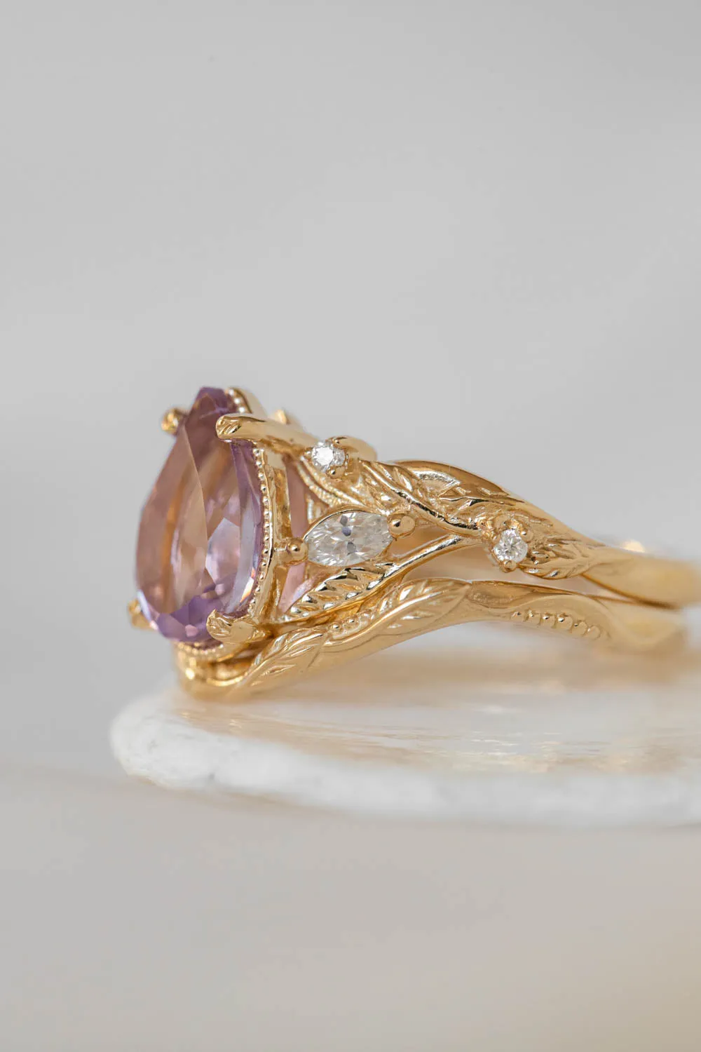 Lavender amethyst nature themed engagement ring, big pear cut gemstone gold ring with diamonds / Patricia