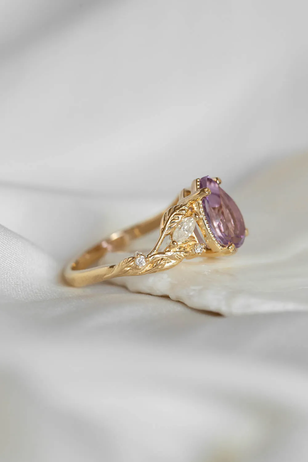 Lavender amethyst nature themed engagement ring, big pear cut gemstone gold ring with diamonds / Patricia