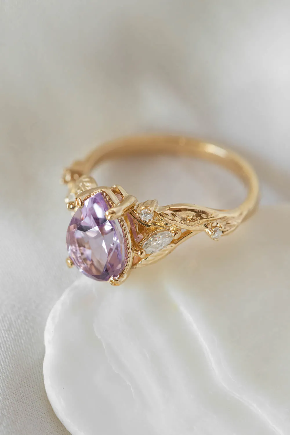 Lavender amethyst nature themed engagement ring, big pear cut gemstone gold ring with diamonds / Patricia