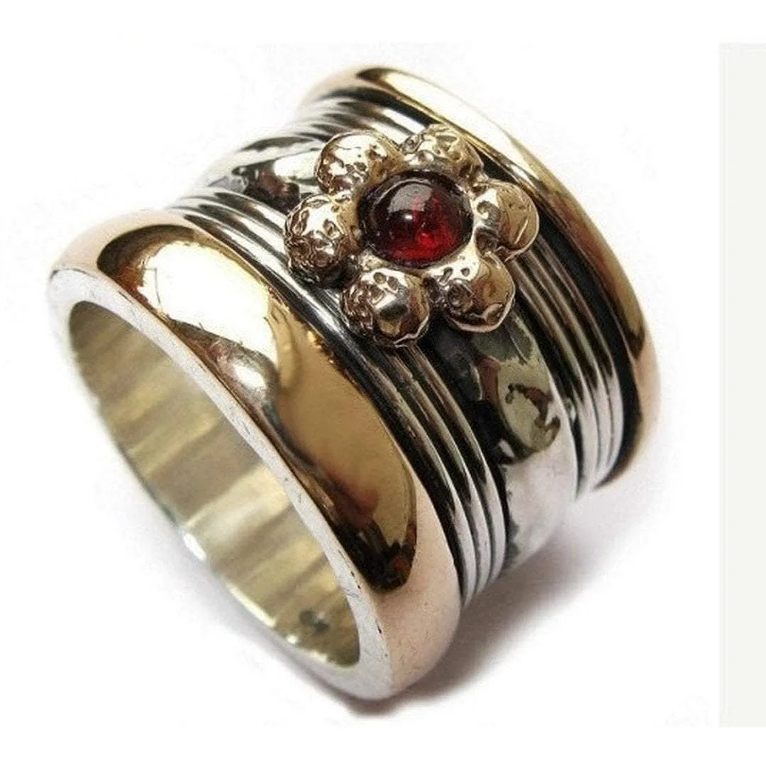 Meditation ring for woman spinner ring , floral garnet rings israeli jewelry