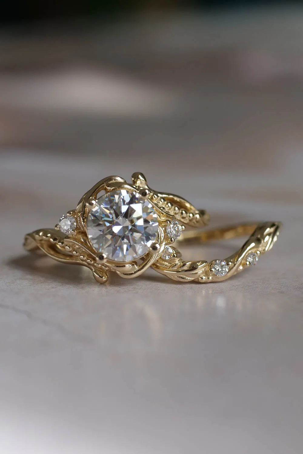 Moissanite bridal ring set in yellow gold / Undina