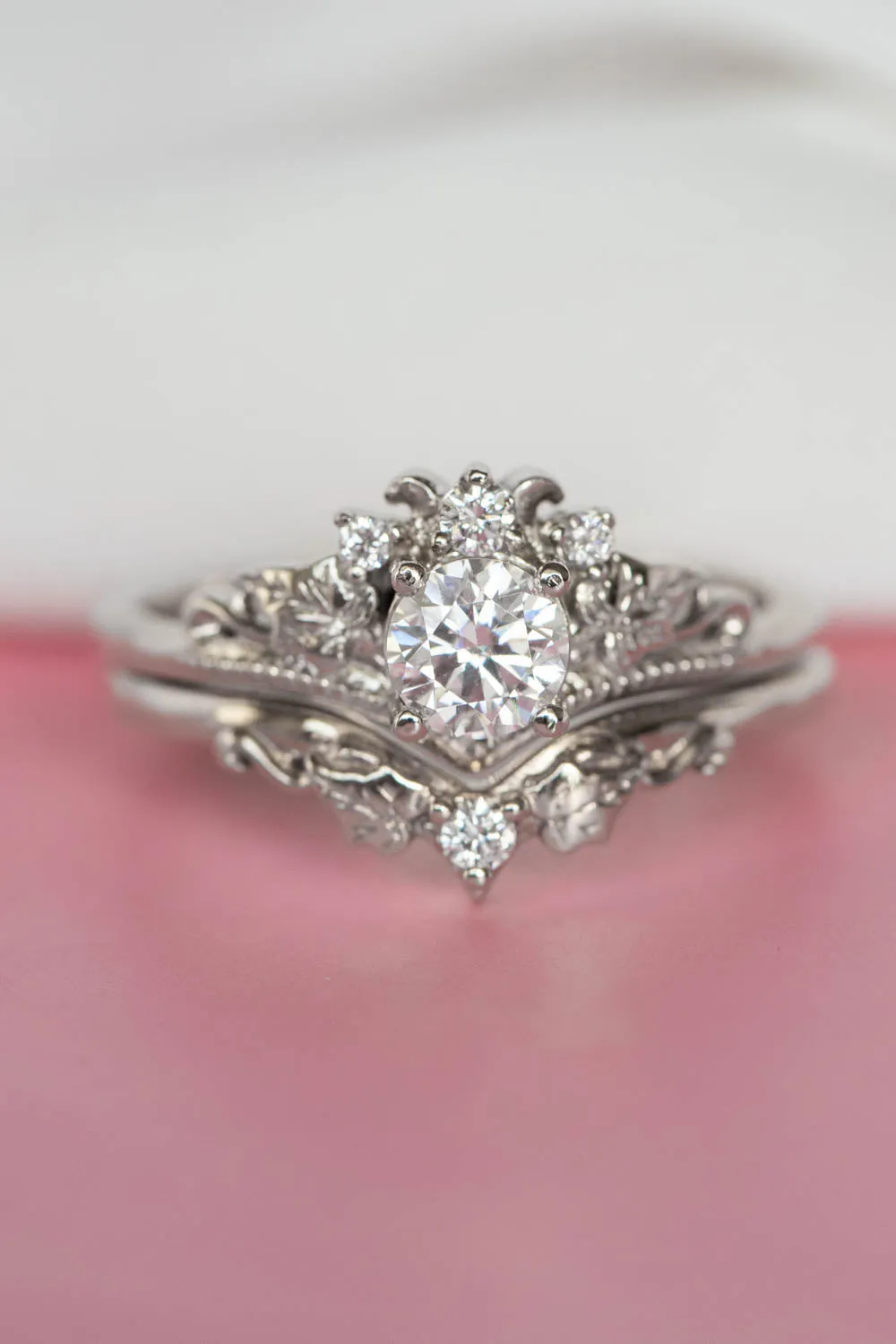 Moissanite engagement ring set, white gold leaves bridal ring set / Ariadne