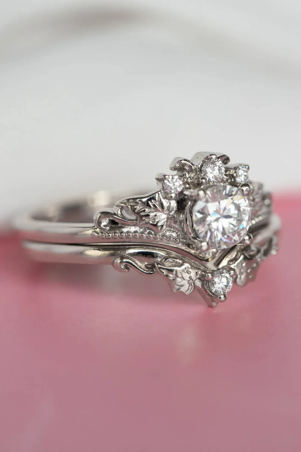 Moissanite engagement ring set, white gold leaves bridal ring set / Ariadne